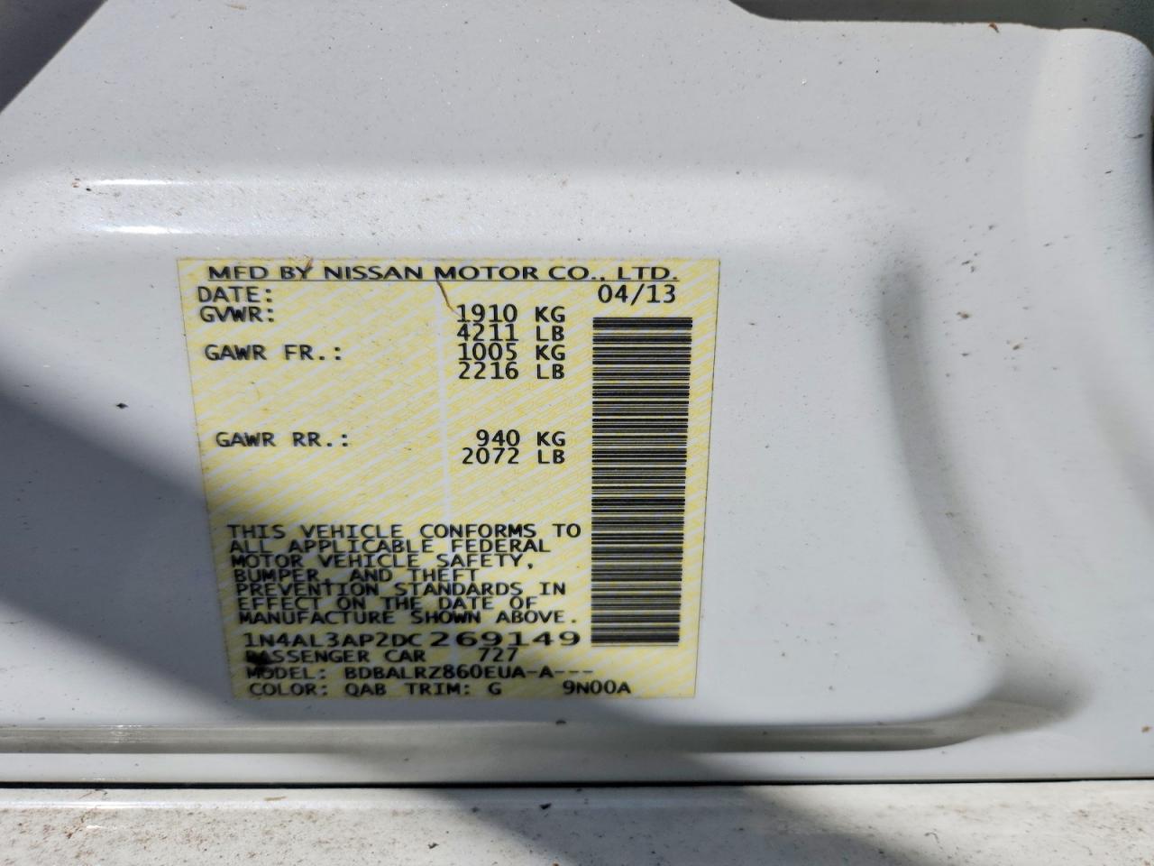 2013 Nissan Altima 2.5 S White vin: 1N4AL3AP2DC269149