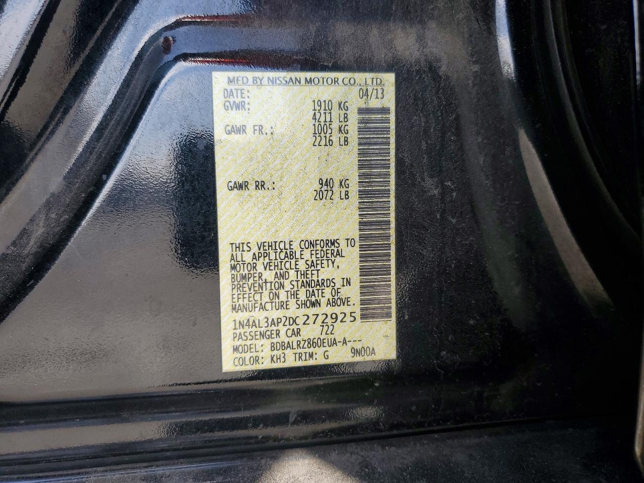 2013 Nissan Altima 2.5 Black vin: 1N4AL3AP2DC272925