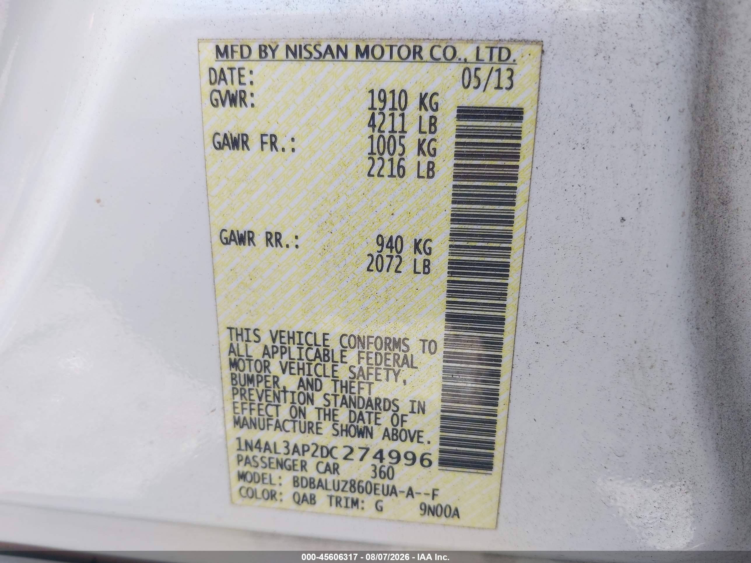 2013 Nissan Altima 2.5 Sv White vin: 1N4AL3AP2DC274996