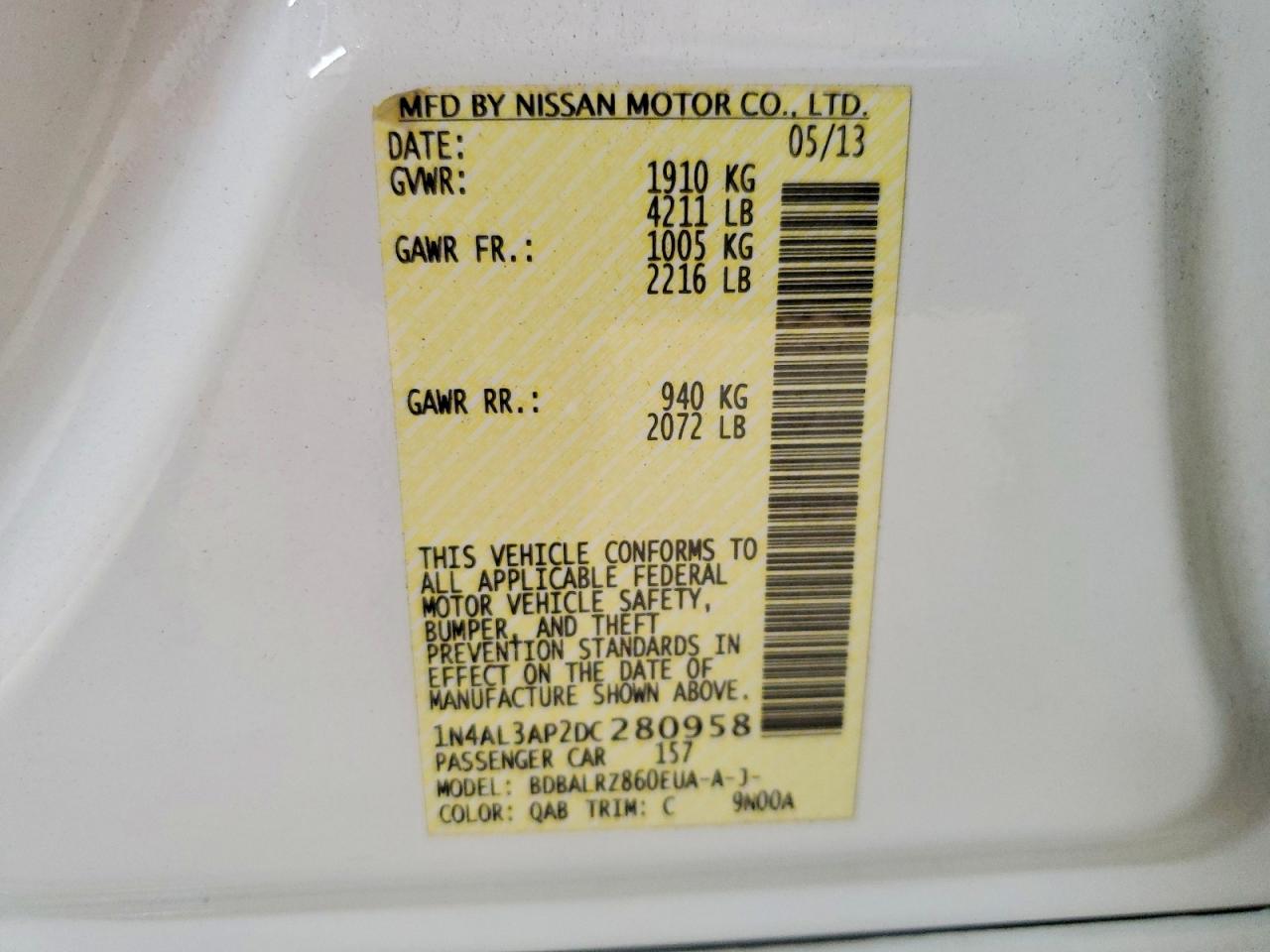 2013 Nissan Altima 2.5 S White vin: 1N4AL3AP2DC280958