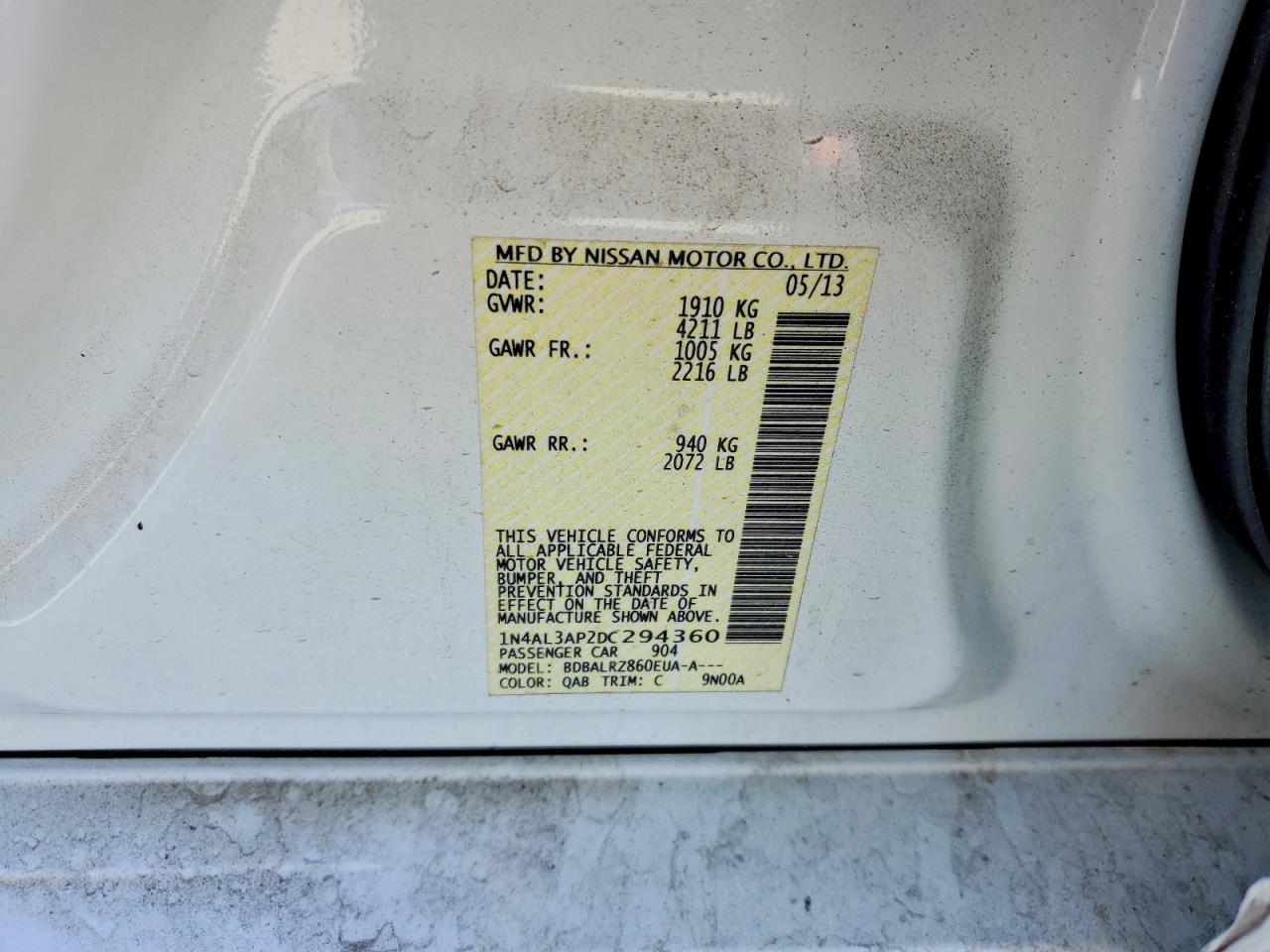 2013 Nissan Altima 2.5 White vin: 1N4AL3AP2DC294360