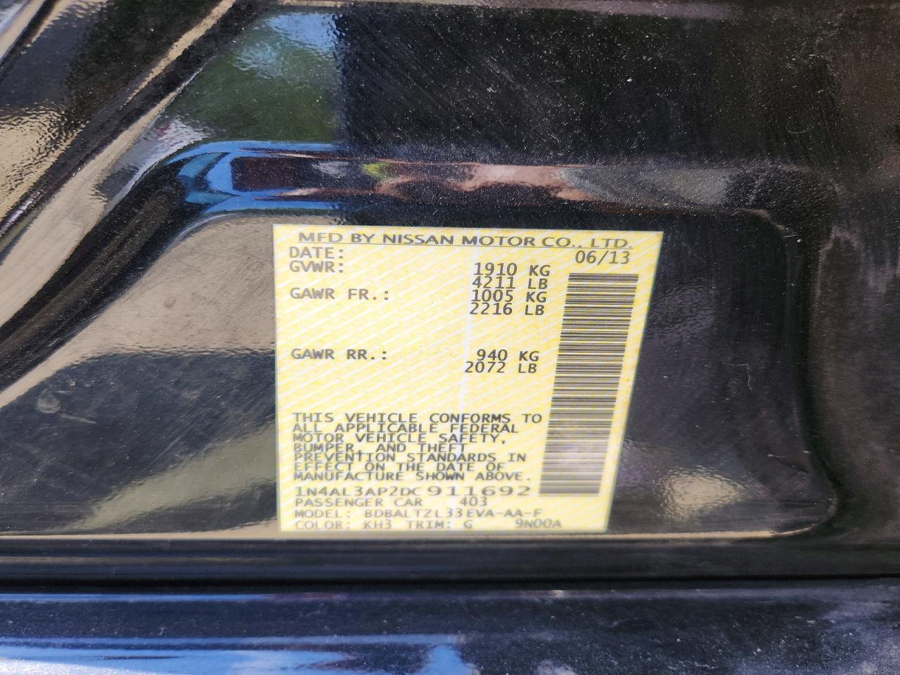 2013 Nissan Altima 2.5 Black vin: 1N4AL3AP2DC911692