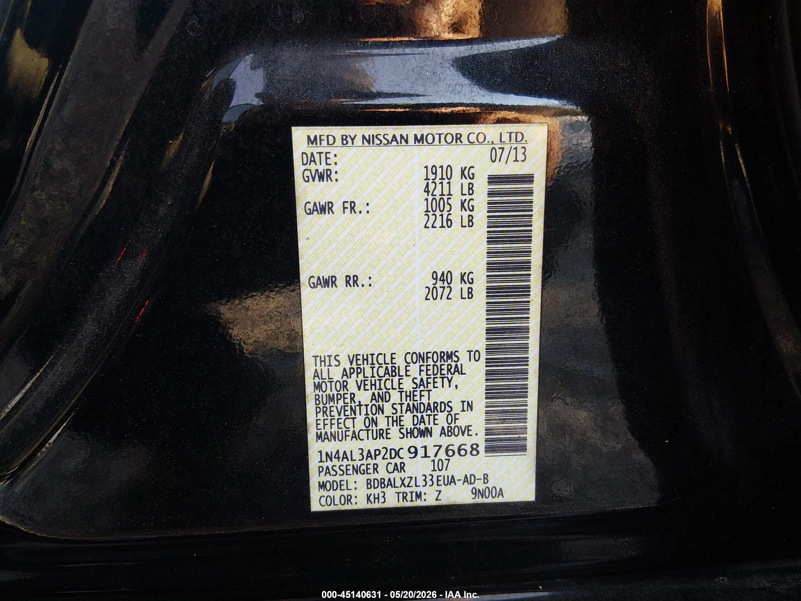 2013 Nissan Altima 2.5 Sl Black vin: 1N4AL3AP2DC917668