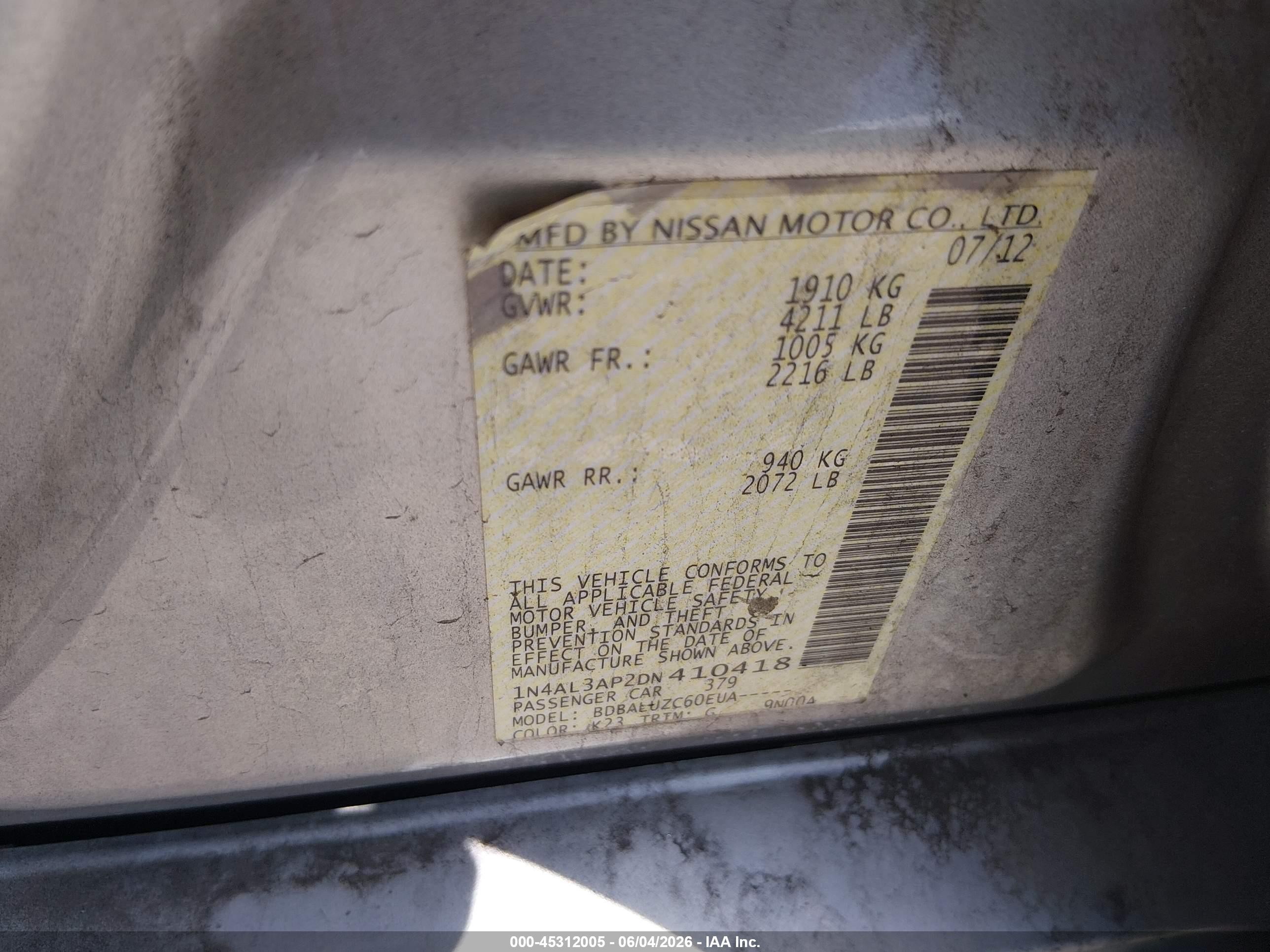2013 Nissan Altima 2.5 Sv Серебряный vin: 1N4AL3AP2DN410418