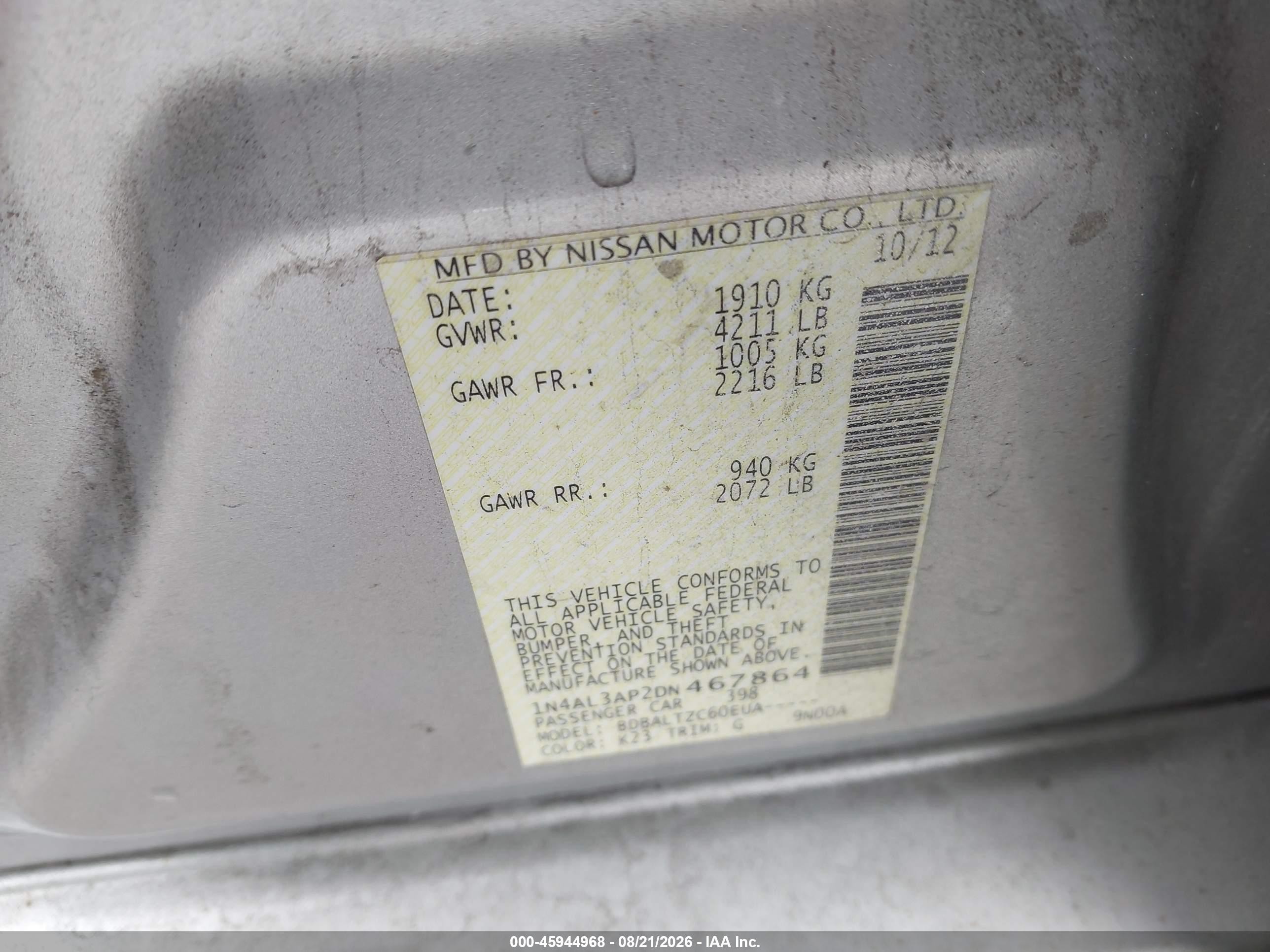 2013 Nissan Altima 2.5 Sv Silver vin: 1N4AL3AP2DN467864