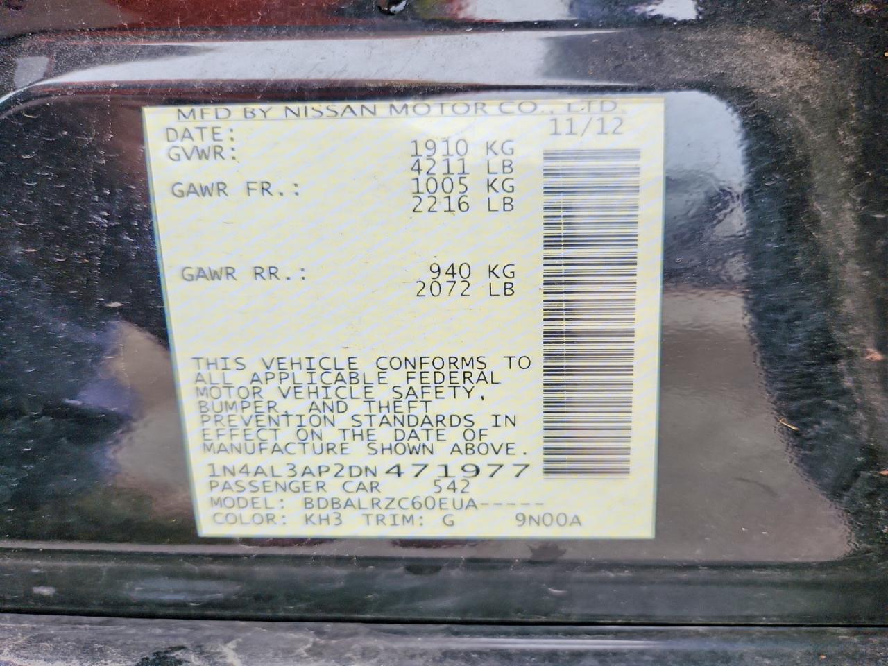 2013 Nissan Altima 2.5 Black vin: 1N4AL3AP2DN471977