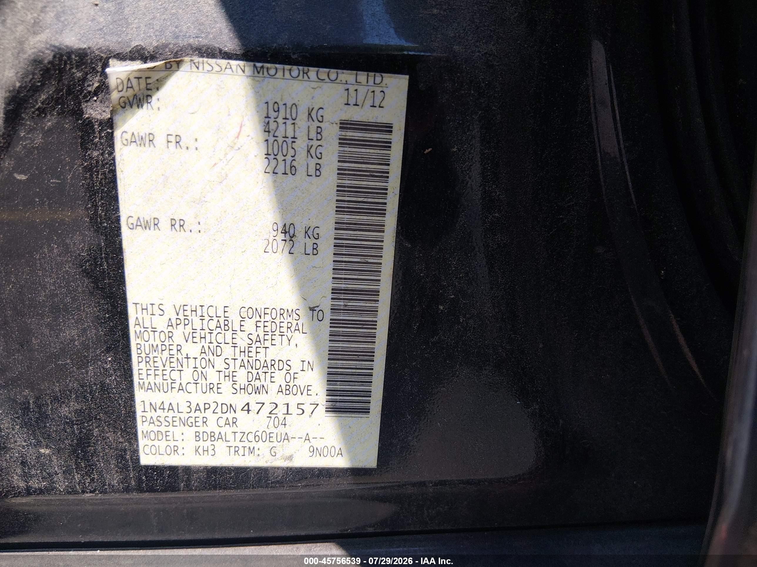 2013 Nissan Altima 2.5 Sv Black vin: 1N4AL3AP2DN472157