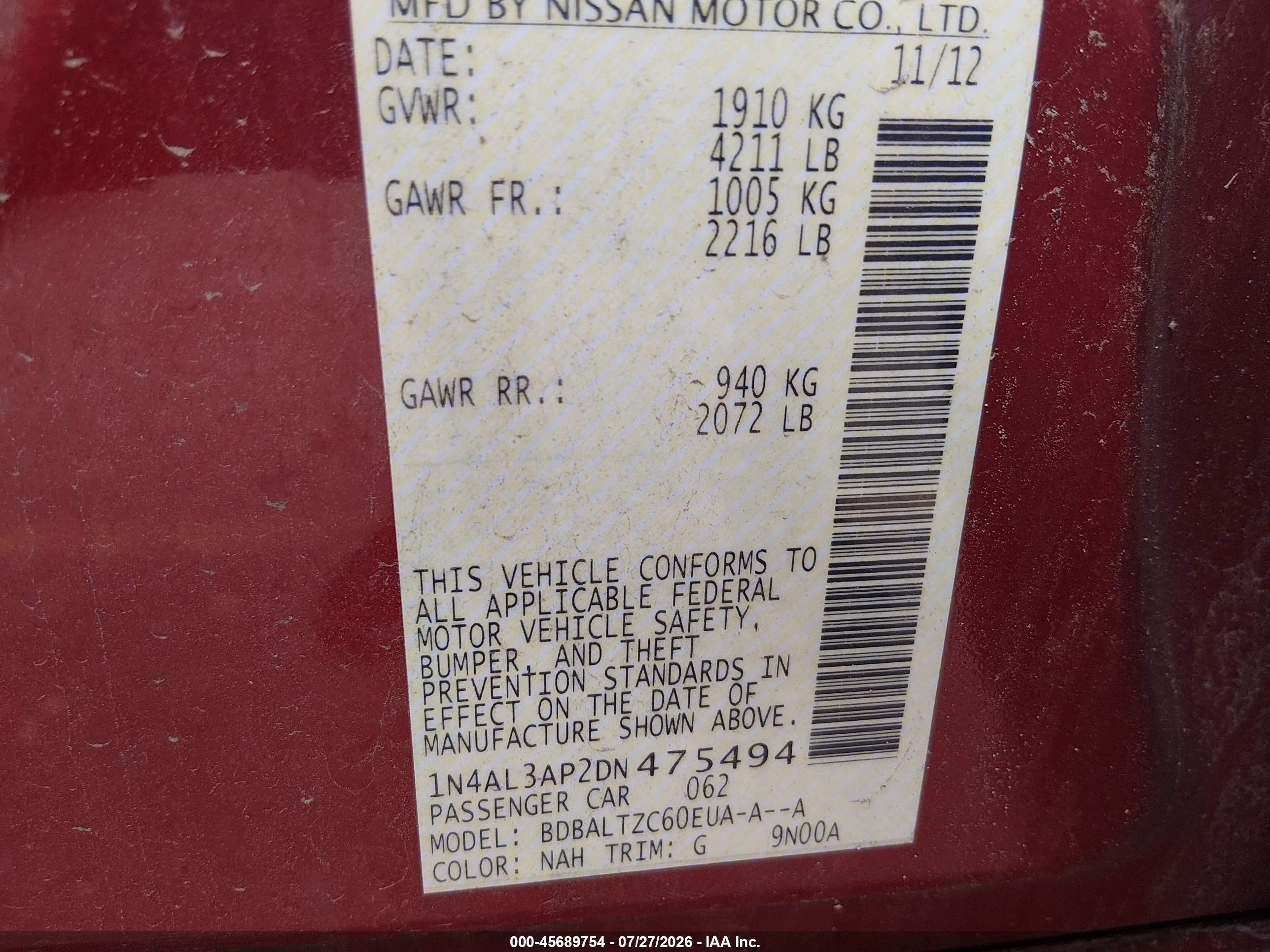 2013 Nissan Altima 2.5 Sv Burgundy vin: 1N4AL3AP2DN475494