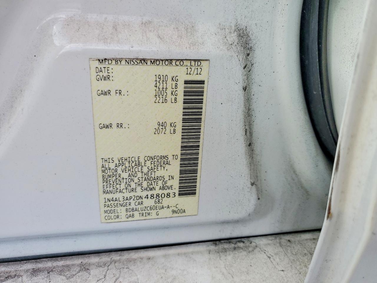 2013 Nissan Altima 2.5 White vin: 1N4AL3AP2DN488083