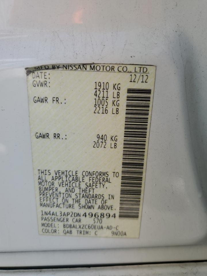 2013 Nissan Altima 2.5/s/sv/sl White vin: 1N4AL3AP2DN496894