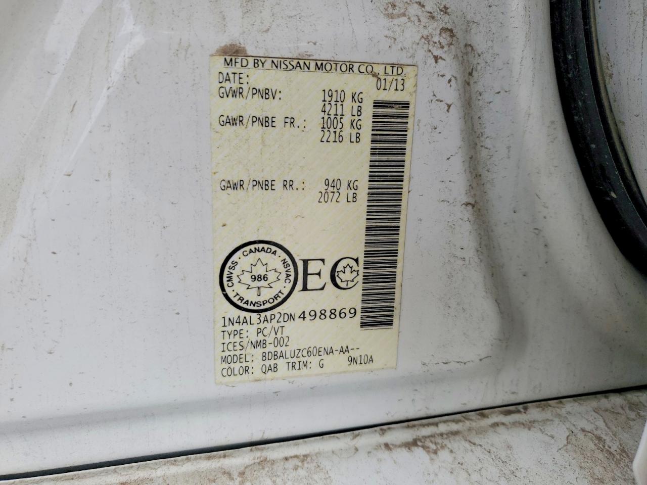 2013 Nissan Altima 2.5 Белый vin: 1N4AL3AP2DN498869
