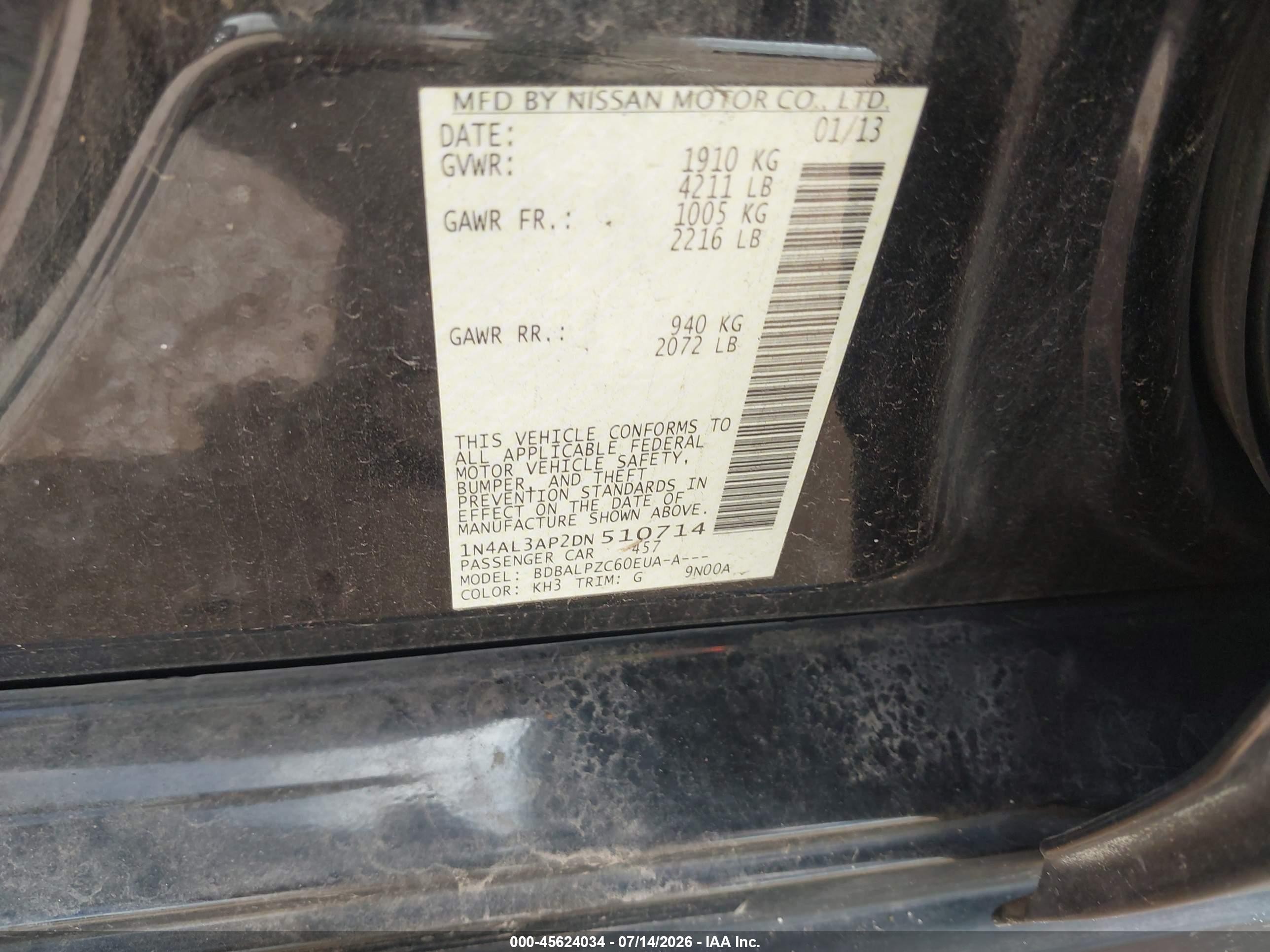 2013 Nissan Altima 2.5 Черный vin: 1N4AL3AP2DN510714
