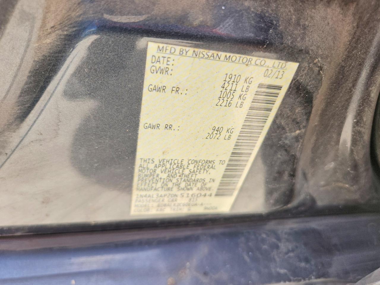 2013 Nissan Altima 2.5 Charcoal vin: 1N4AL3AP2DN516044