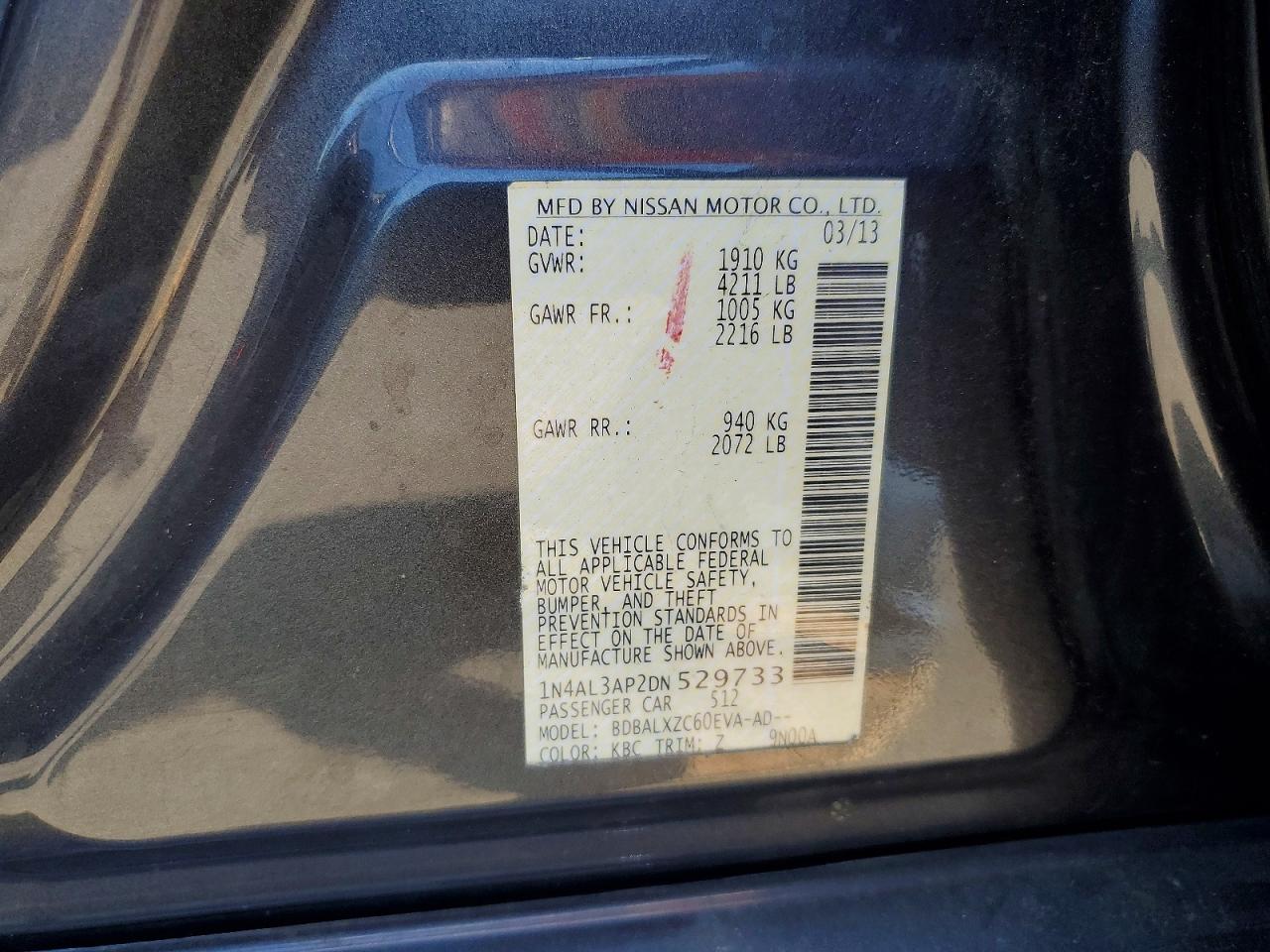 2013 Nissan Altima 2.5/s/sv/sl Charcoal vin: 1N4AL3AP2DN529733