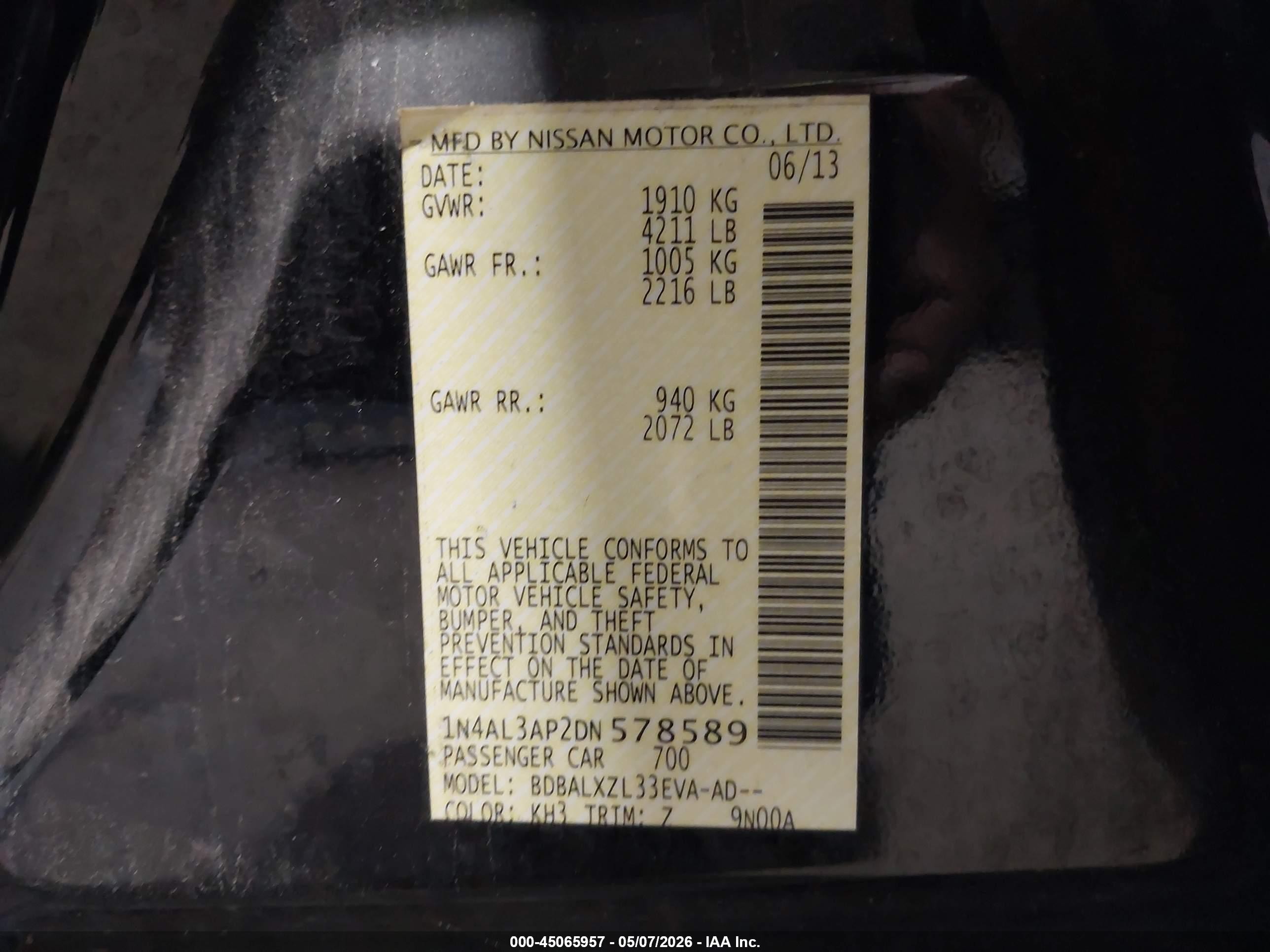 2013 Nissan Altima 2.5 Sl Black vin: 1N4AL3AP2DN578589