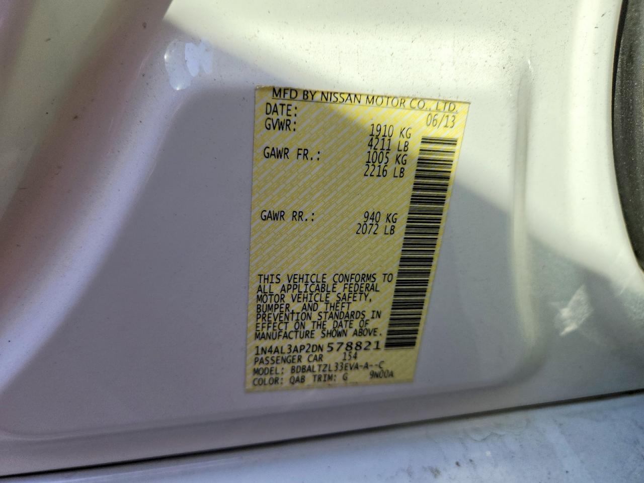 2013 Nissan Altima 2.5 Sv White vin: 1N4AL3AP2DN578821