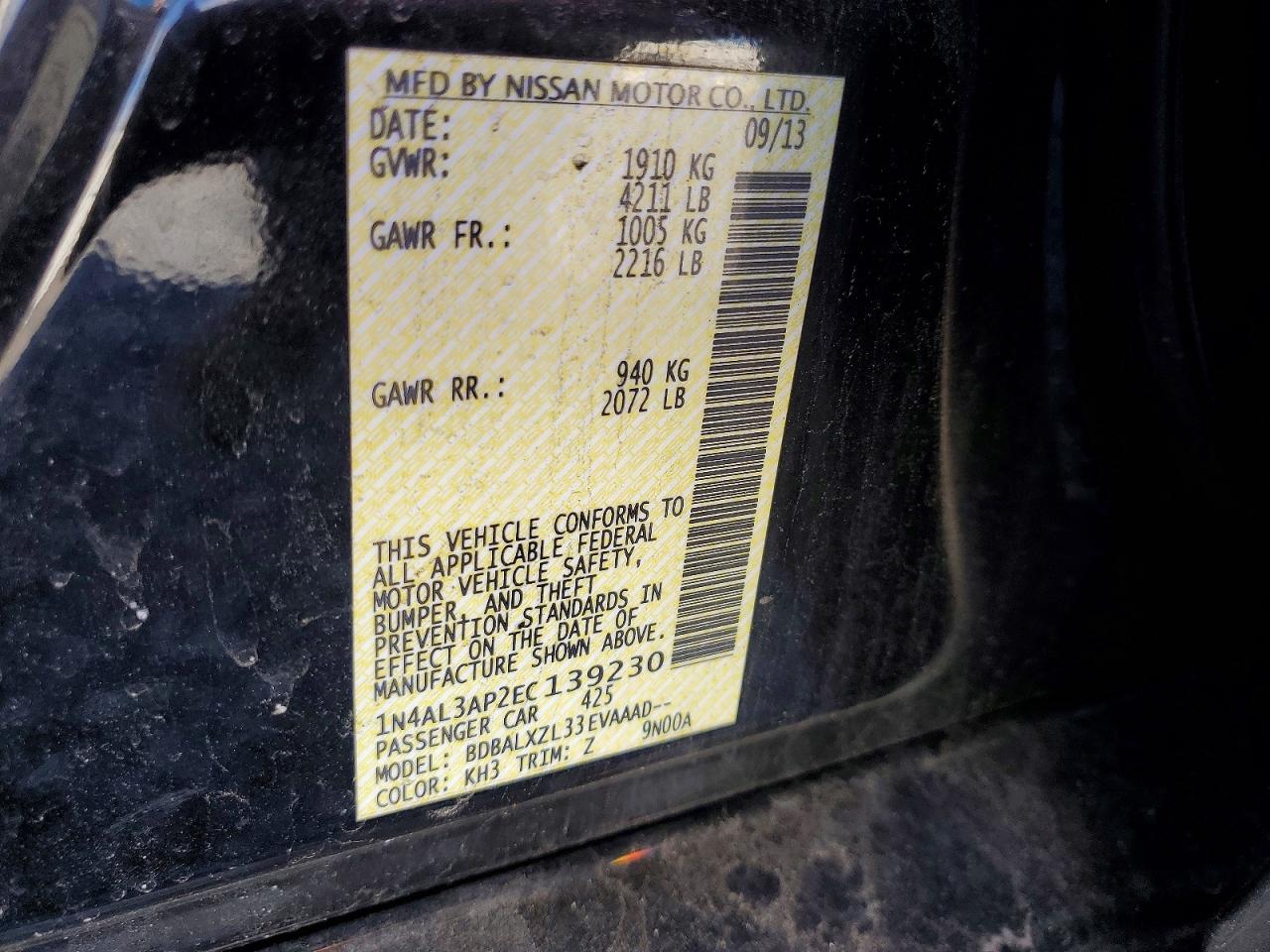 2014 Nissan Altima 2.5 Sl Black vin: 1N4AL3AP2EC139230