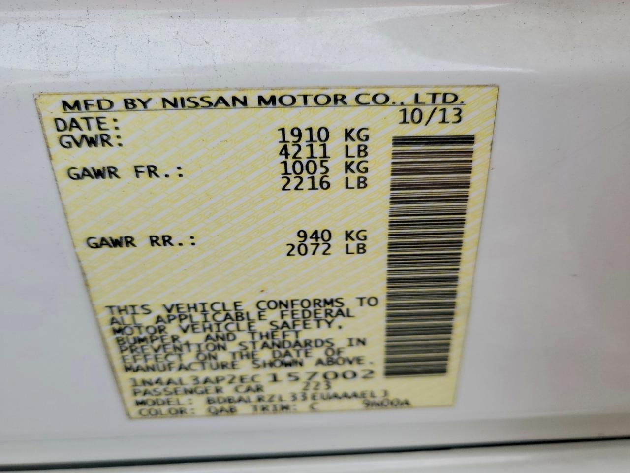 2014 Nissan Altima 2.5 S White vin: 1N4AL3AP2EC157002