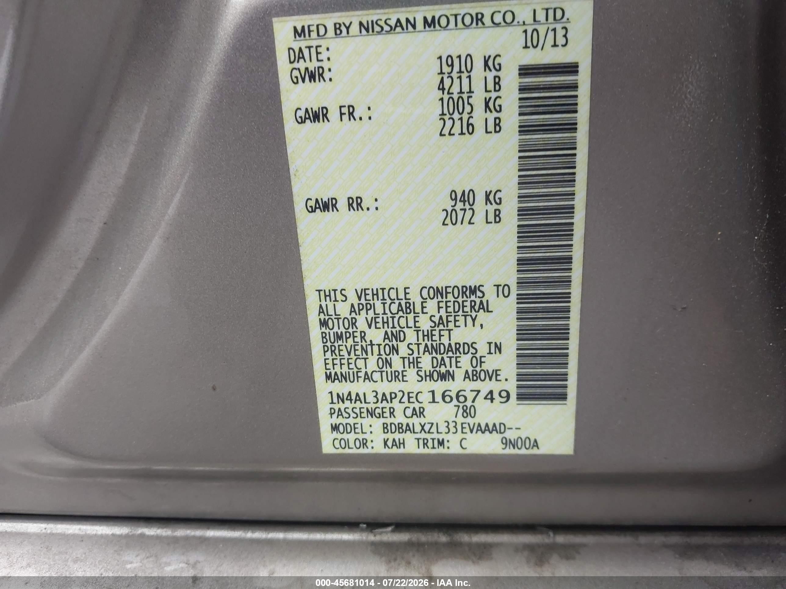 2014 Nissan Altima 2.5 Sl Champagne vin: 1N4AL3AP2EC166749