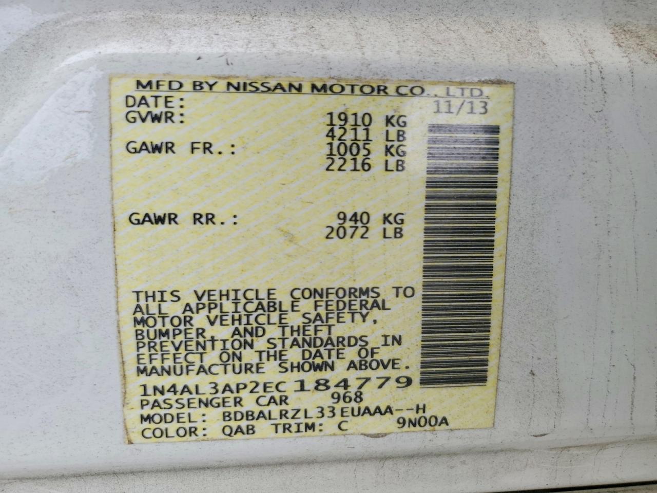 2014 Nissan Altima 2.5 S White vin: 1N4AL3AP2EC184779