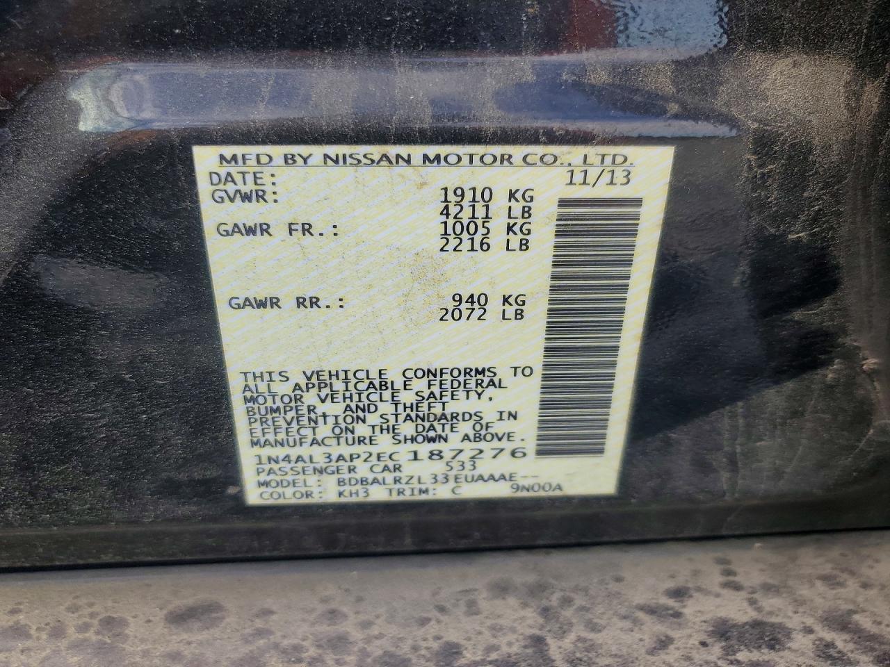 2014 Nissan Altima 2.5 S Black vin: 1N4AL3AP2EC187276