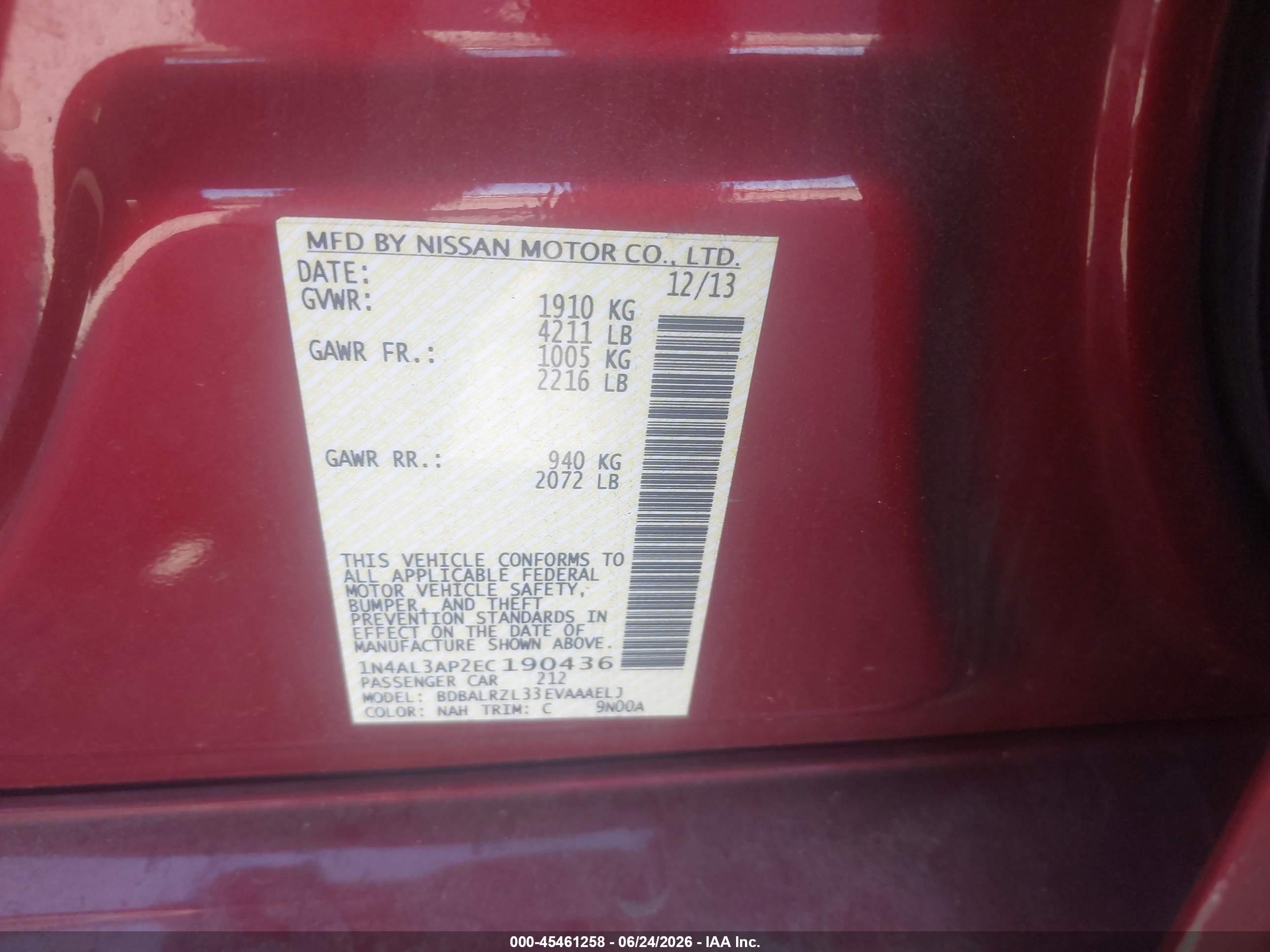 2014 Nissan Altima 2.5 S Red vin: 1N4AL3AP2EC190436