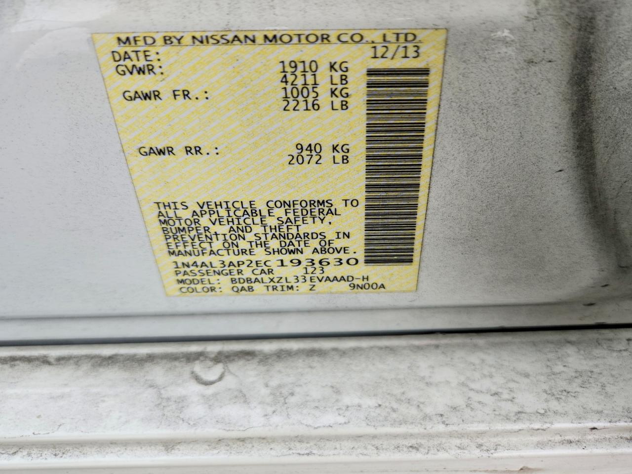 2014 Nissan Altima 2.5 Sl White vin: 1N4AL3AP2EC193630