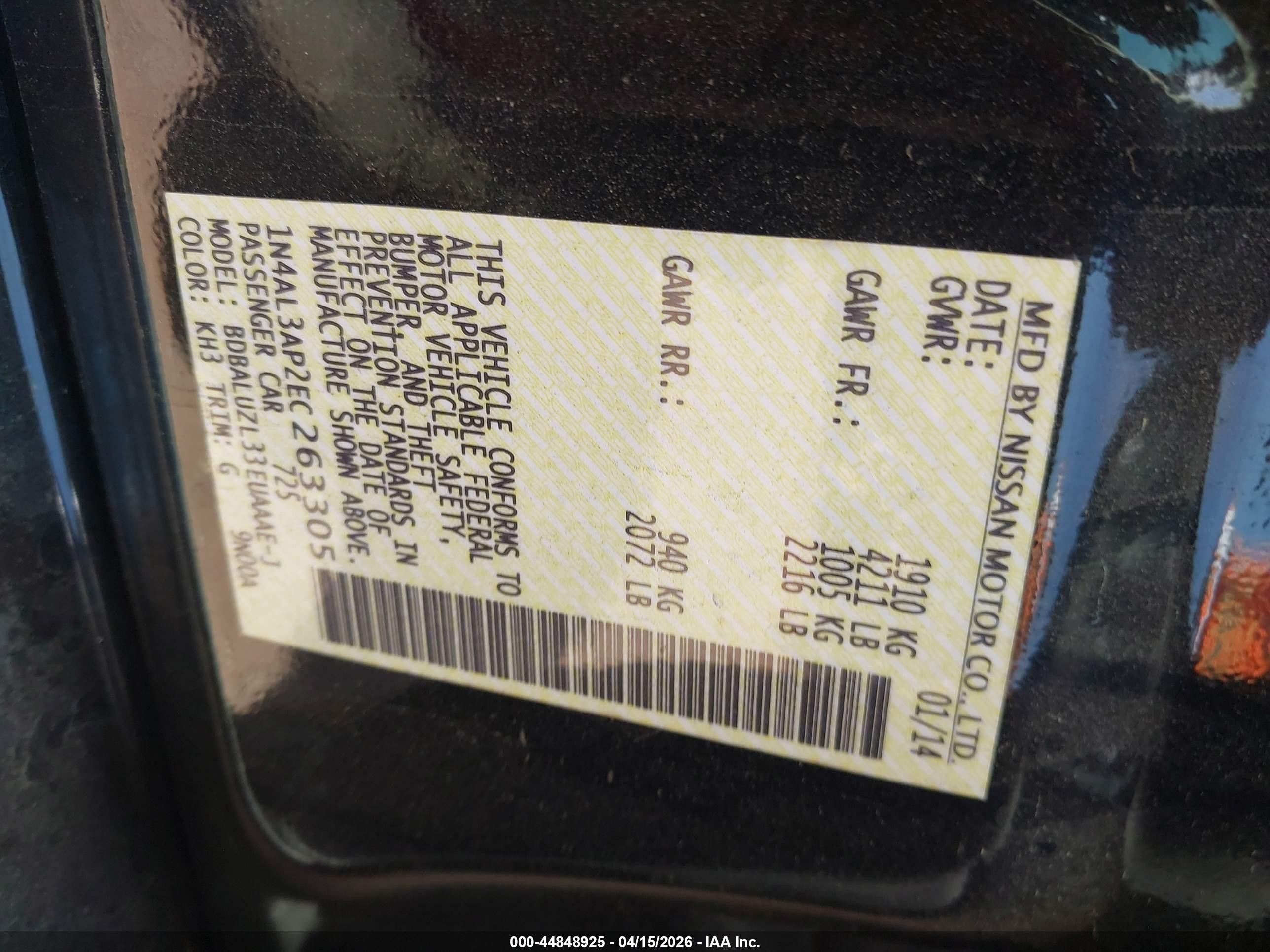 2014 Nissan Altima 2.5 Sv Black vin: 1N4AL3AP2EC263305
