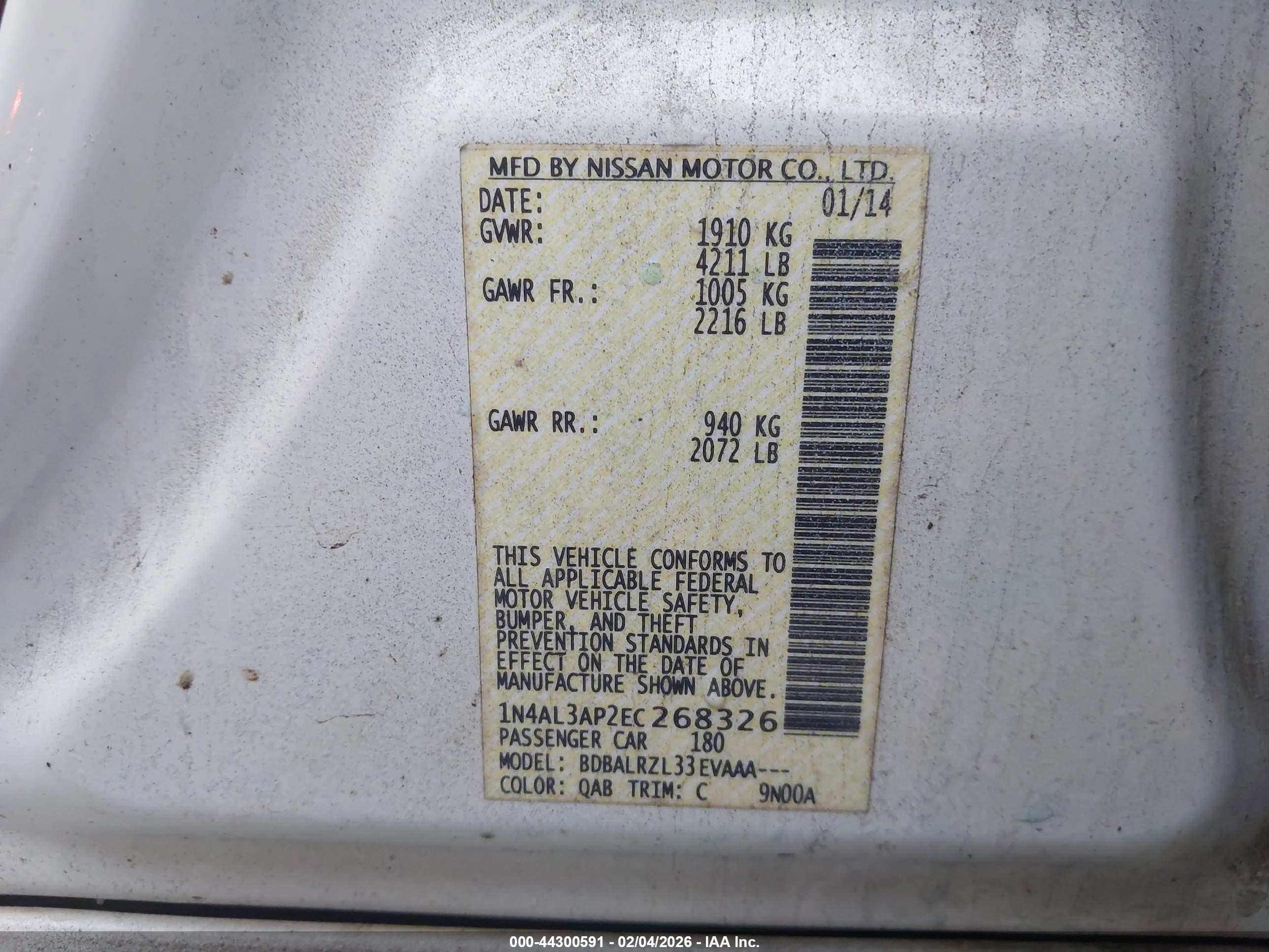 2014 Nissan Altima 2.5/2.5 S/2.5 Sl/2.5 Sv White vin: 1N4AL3AP2EC268326