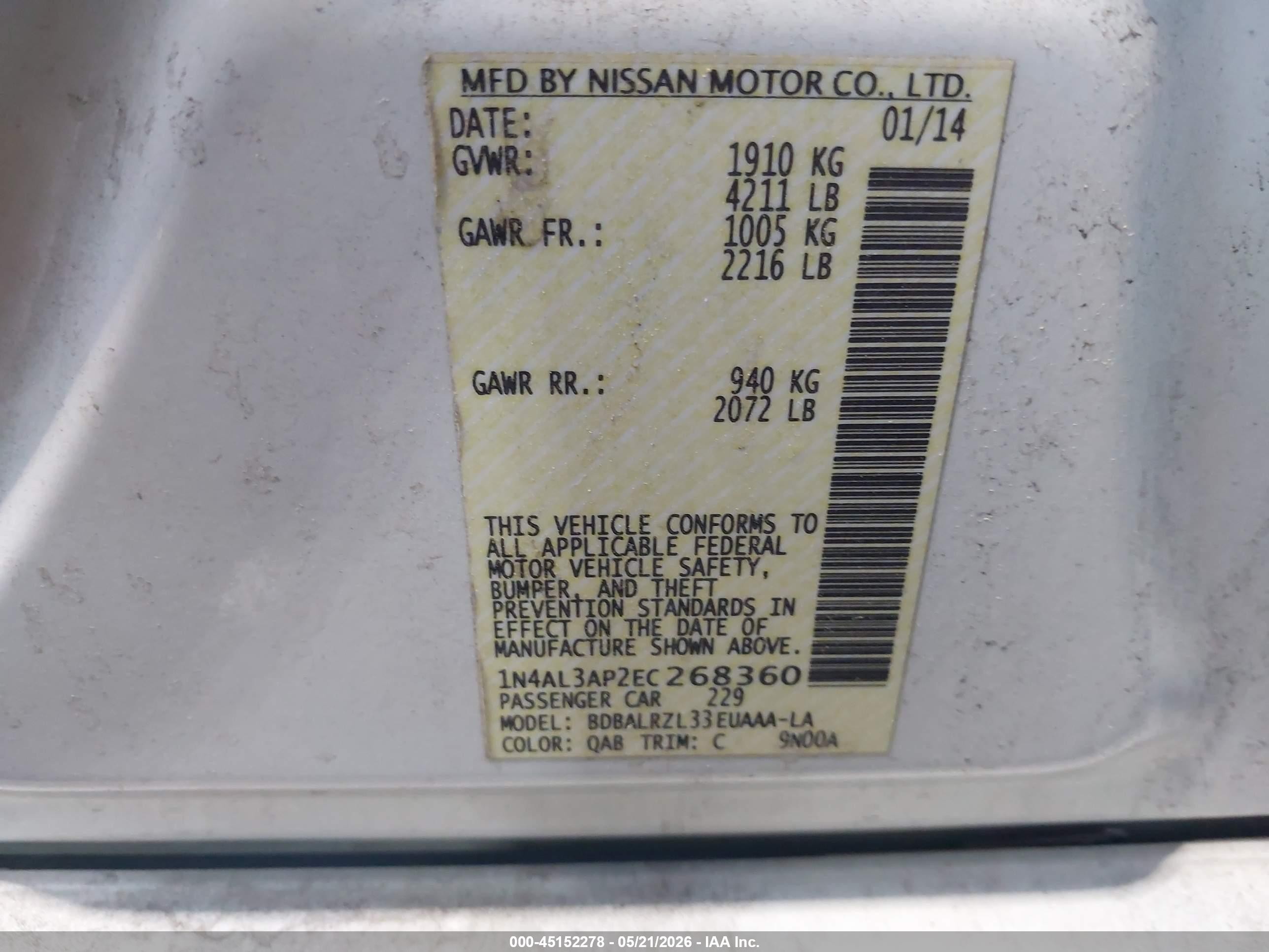 2014 Nissan Altima 2.5 S Белый vin: 1N4AL3AP2EC268360