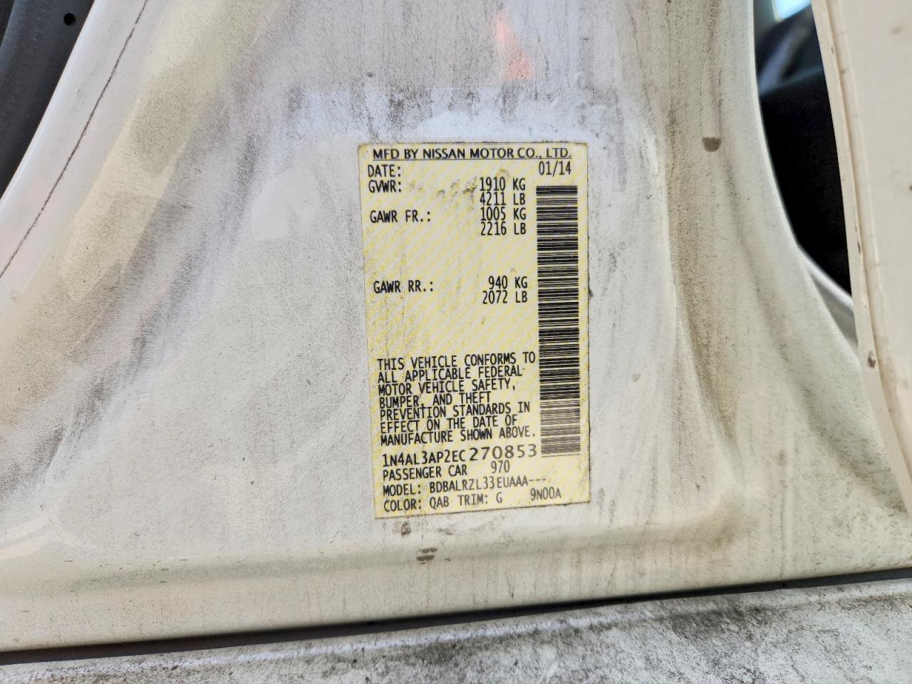 2014 Nissan Altima 2.5 S White vin: 1N4AL3AP2EC270853