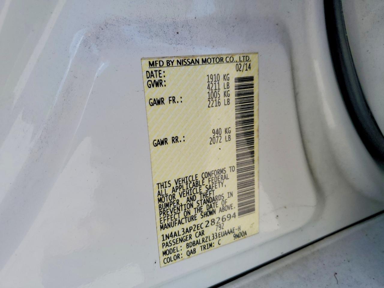 2014 Nissan Altima 2.5 S White vin: 1N4AL3AP2EC282694