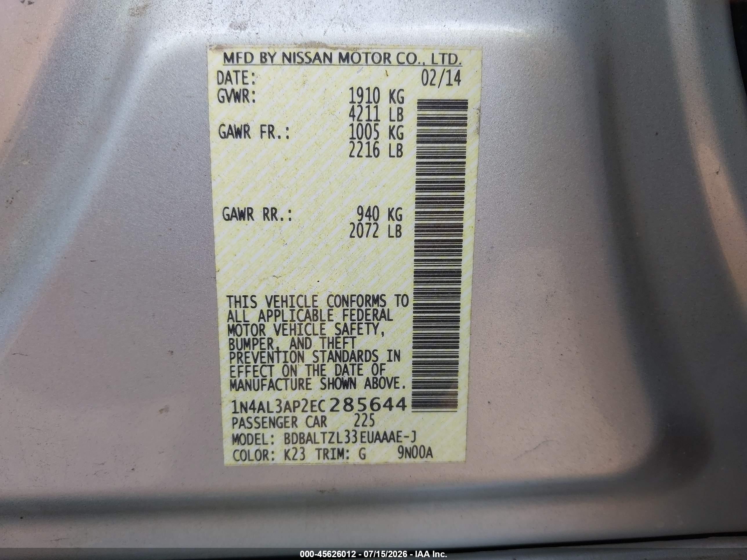 2014 Nissan Altima 2.5 Sv Silver vin: 1N4AL3AP2EC285644