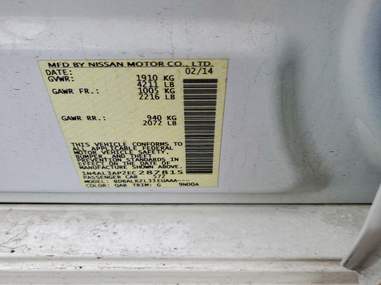 2014 Nissan Altima 2.5 S White vin: 1N4AL3AP2EC287815