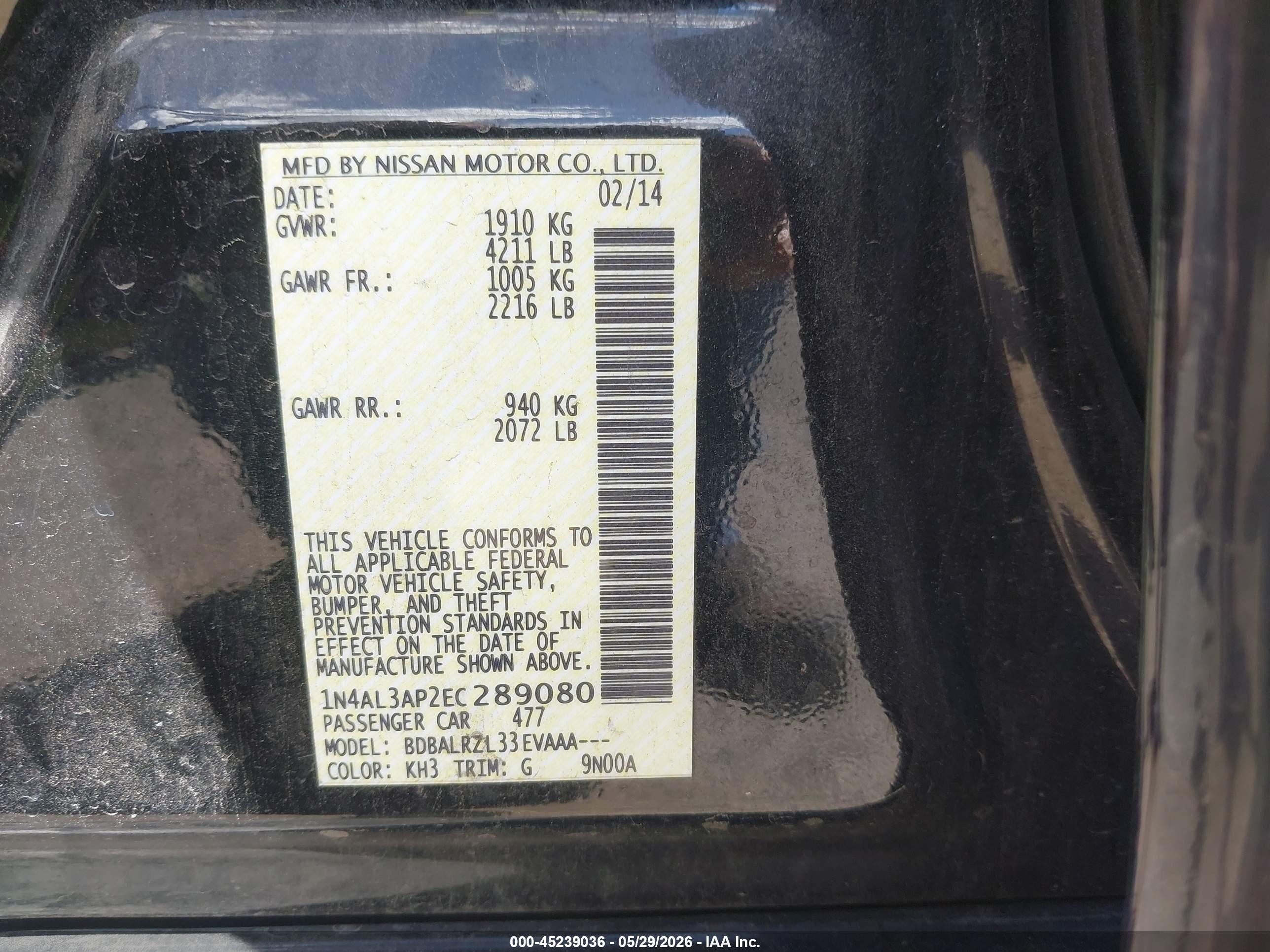 2014 Nissan Altima 2.5/2.5 S/2.5 Sl/2.5 Sv Black vin: 1N4AL3AP2EC289080