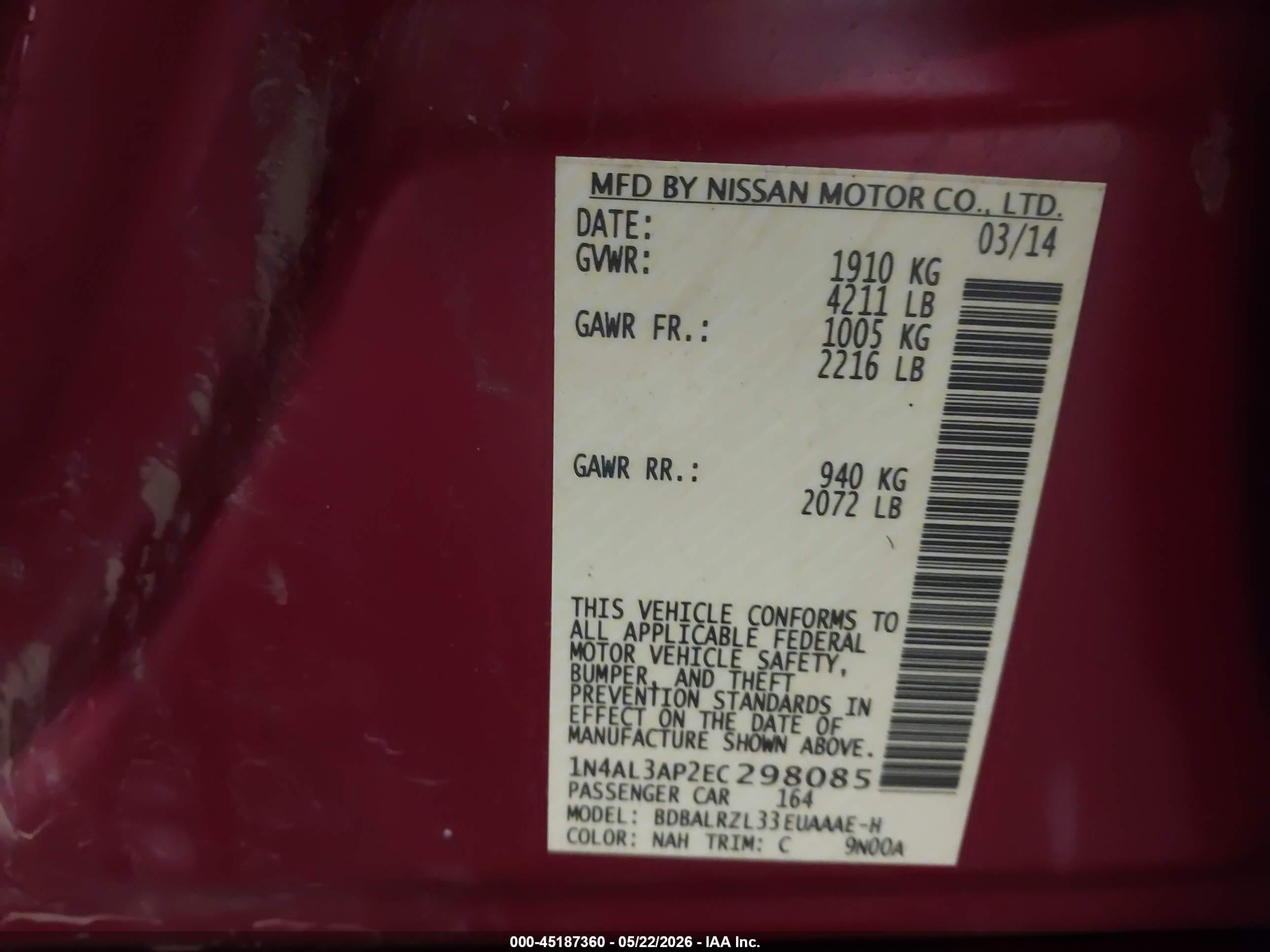 2014 Nissan Altima 2.5 S Red vin: 1N4AL3AP2EC298085