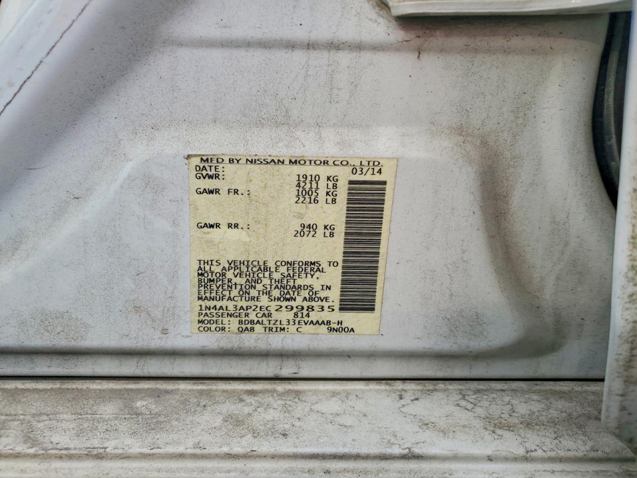 2014 Nissan Altima 2.5 Sv White vin: 1N4AL3AP2EC299835