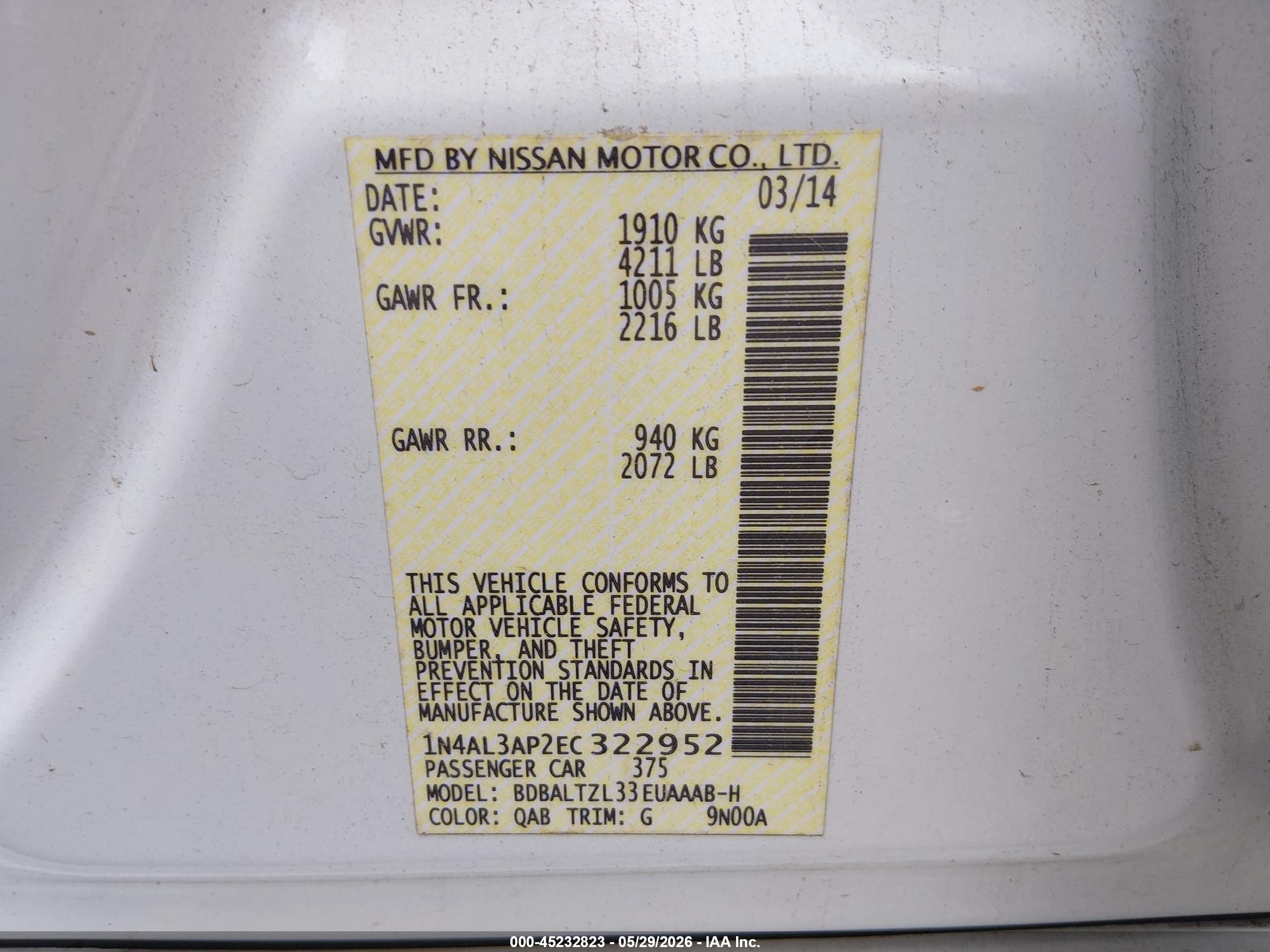 2014 Nissan Altima 2.5 Sv White vin: 1N4AL3AP2EC322952