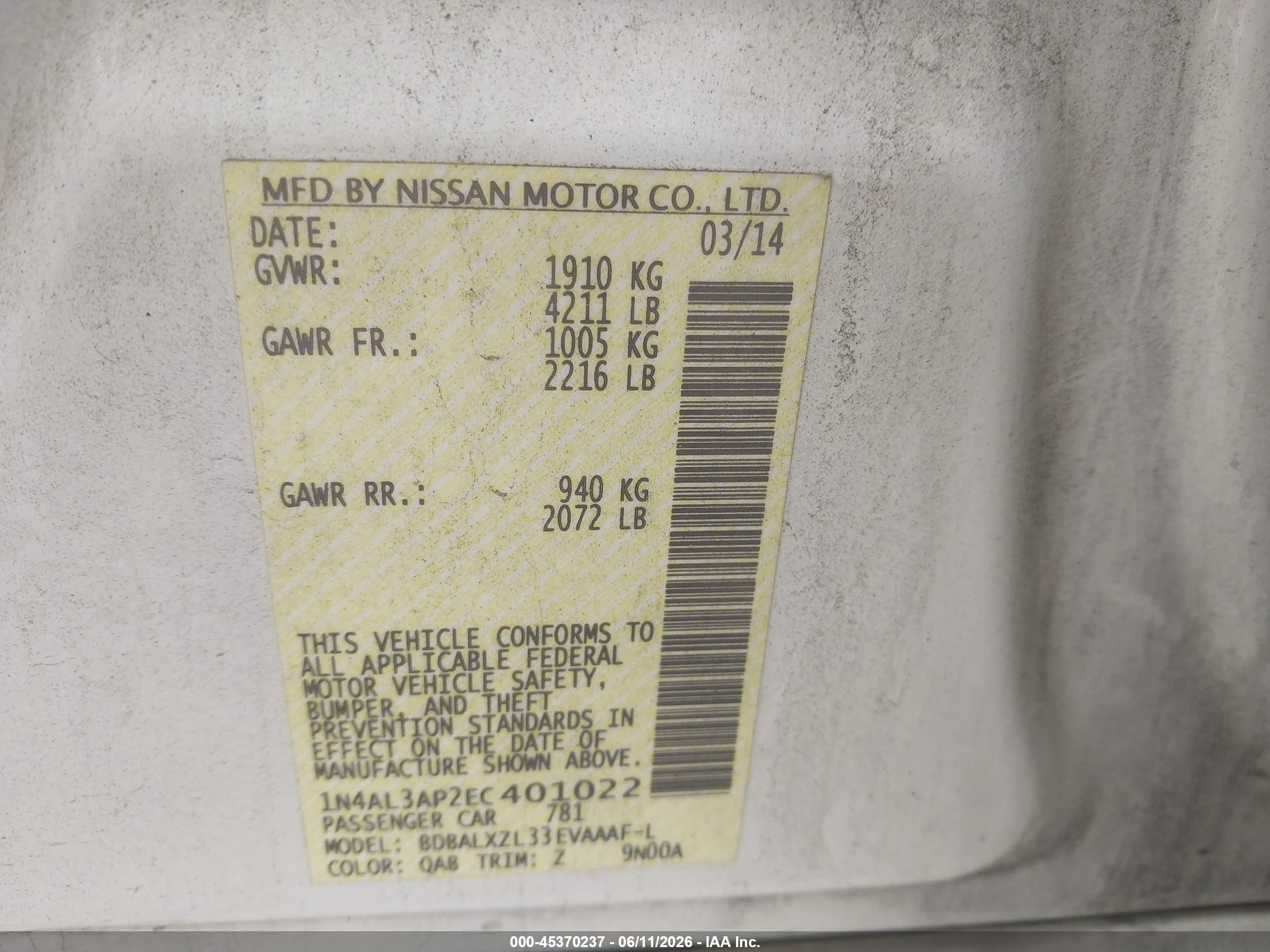 2014 Nissan Altima 2.5 Sl White vin: 1N4AL3AP2EC401022
