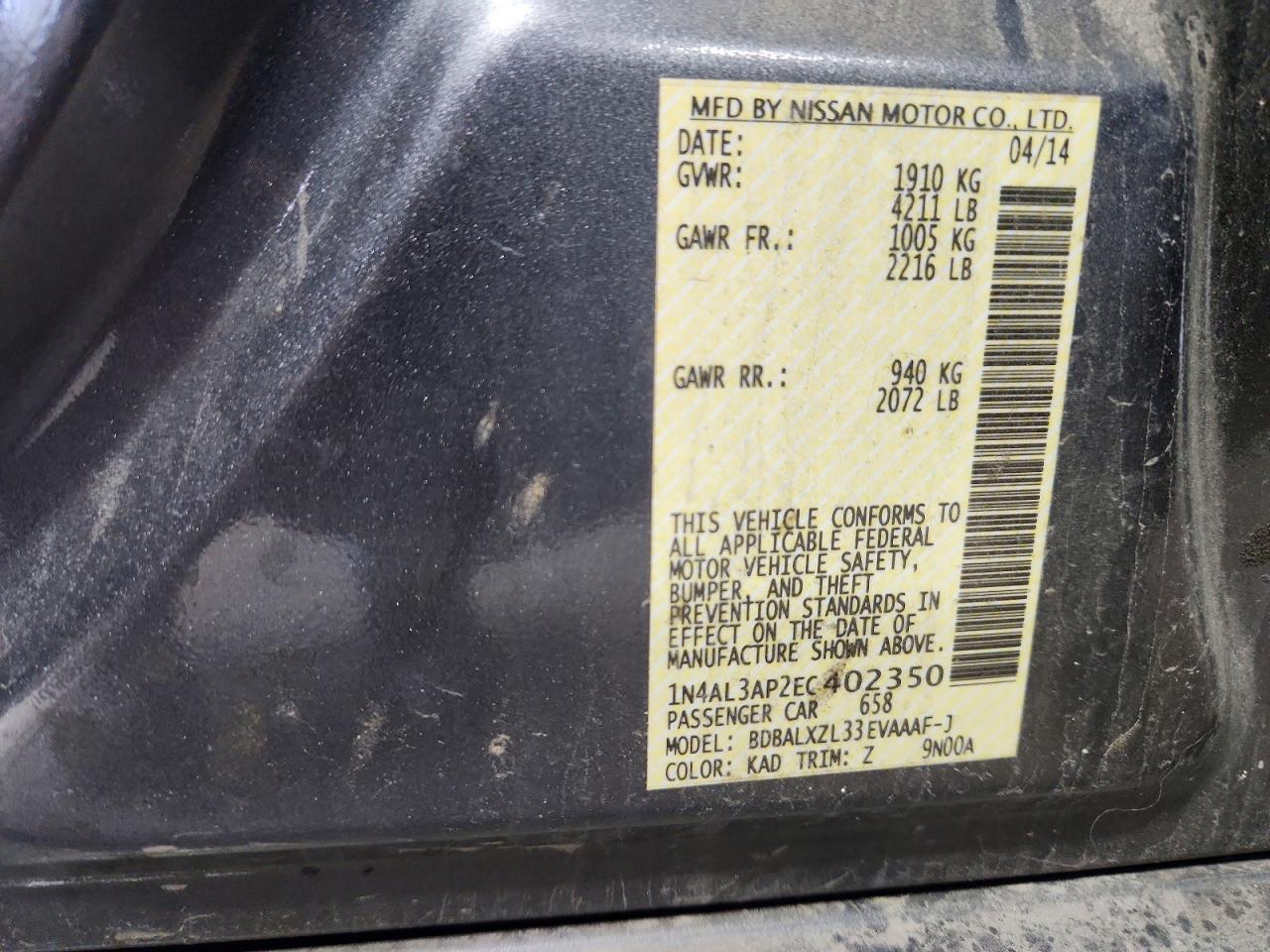 2014 Nissan Altima 2.5 Sl Gray vin: 1N4AL3AP2EC402350
