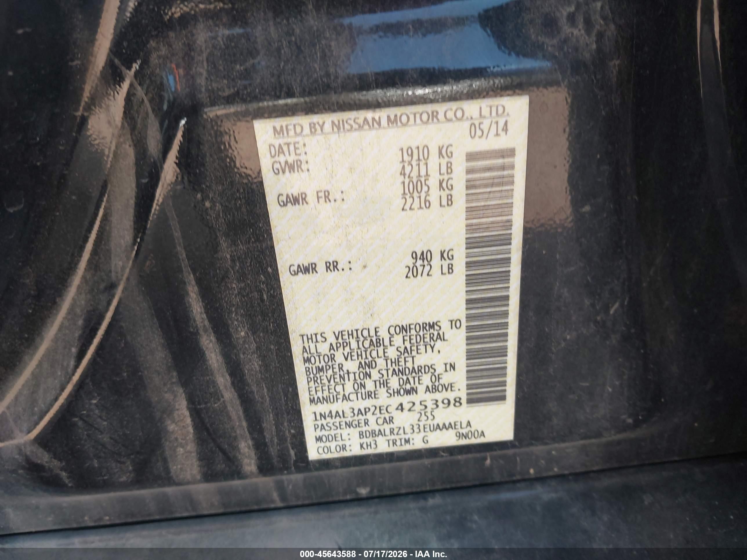 2014 Nissan Altima 2.5 S Black vin: 1N4AL3AP2EC425398
