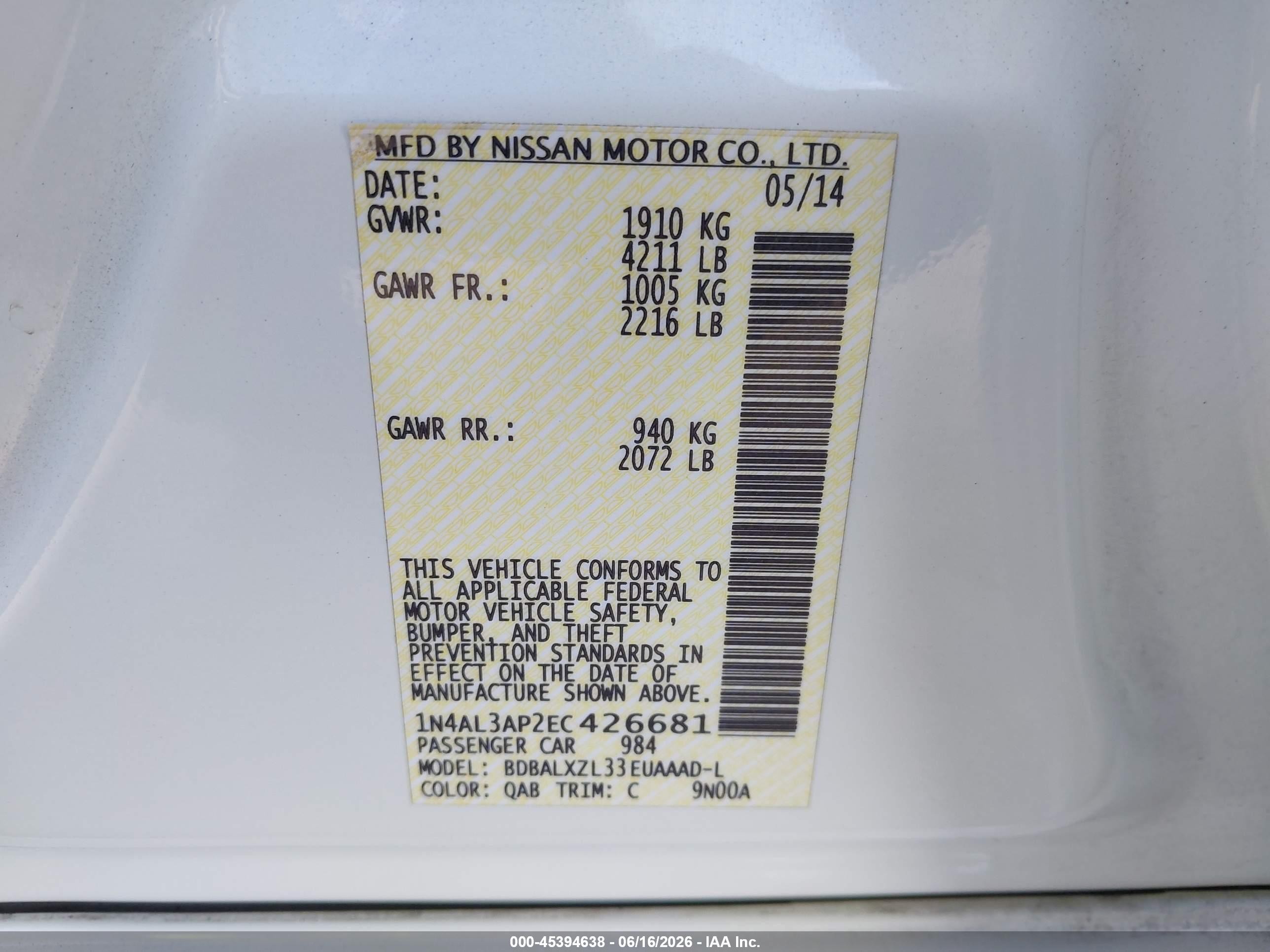 2014 Nissan Altima 2.5 Sl White vin: 1N4AL3AP2EC426681