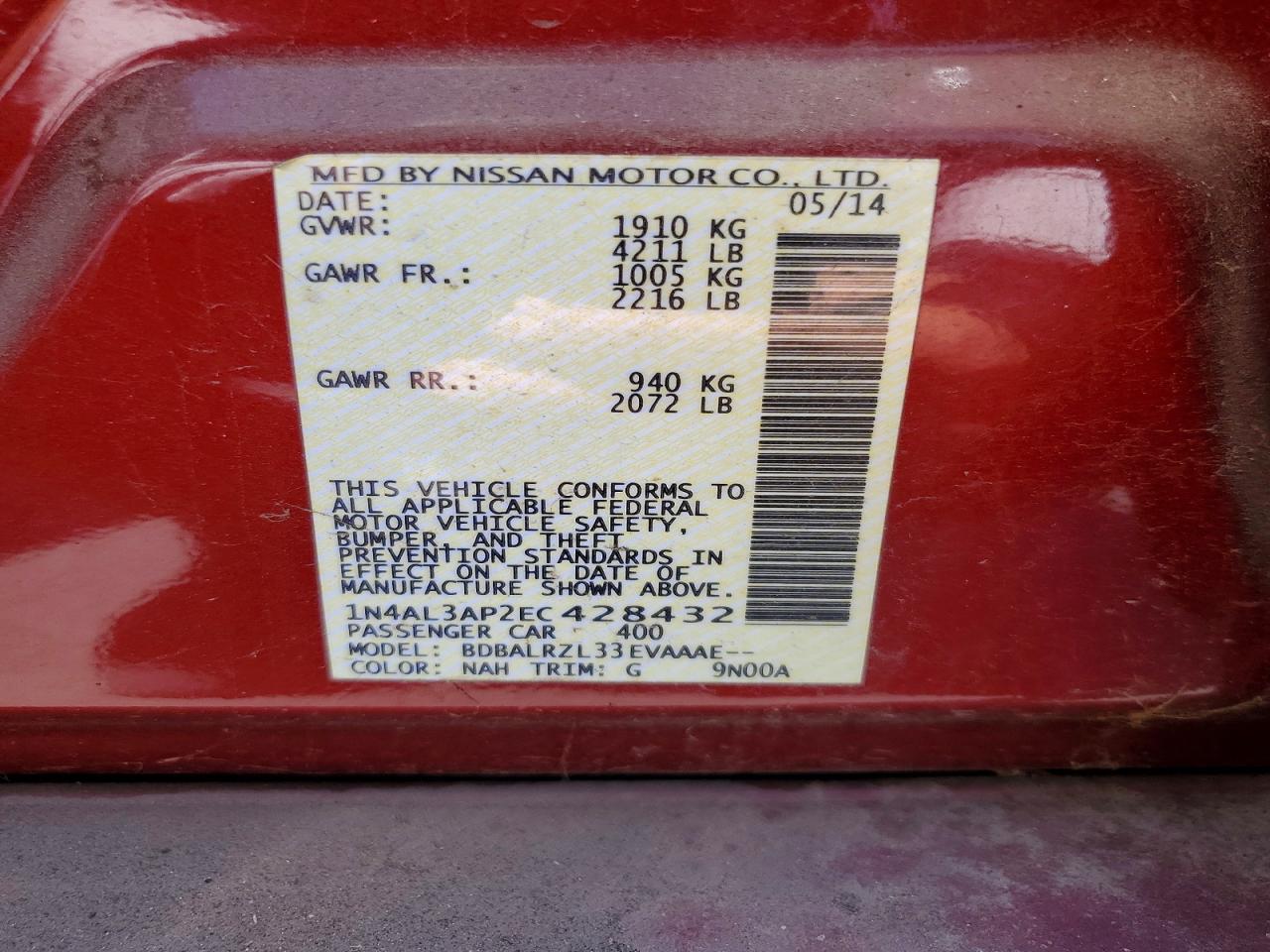 2014 Nissan Altima 2.5 S Красный vin: 1N4AL3AP2EC428432