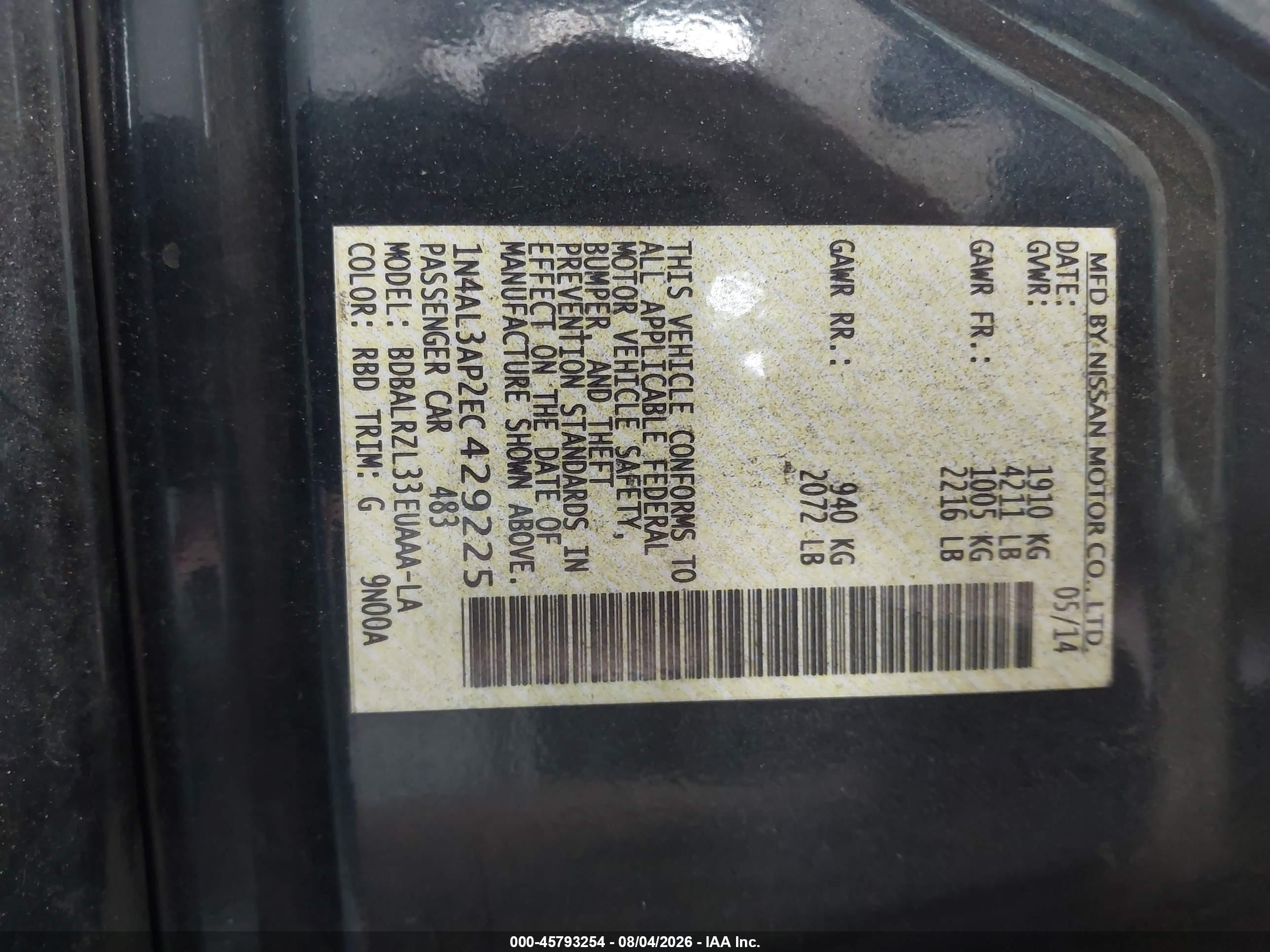 2014 Nissan Altima 2.5 S Black vin: 1N4AL3AP2EC429225