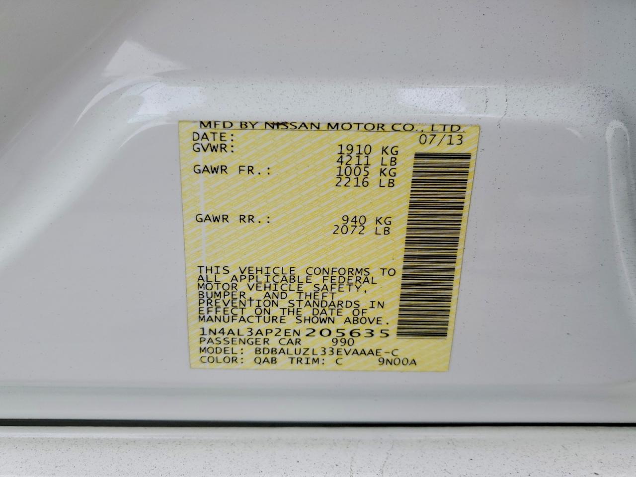 2014 Nissan Altima 2.5 Sv White vin: 1N4AL3AP2EN205635