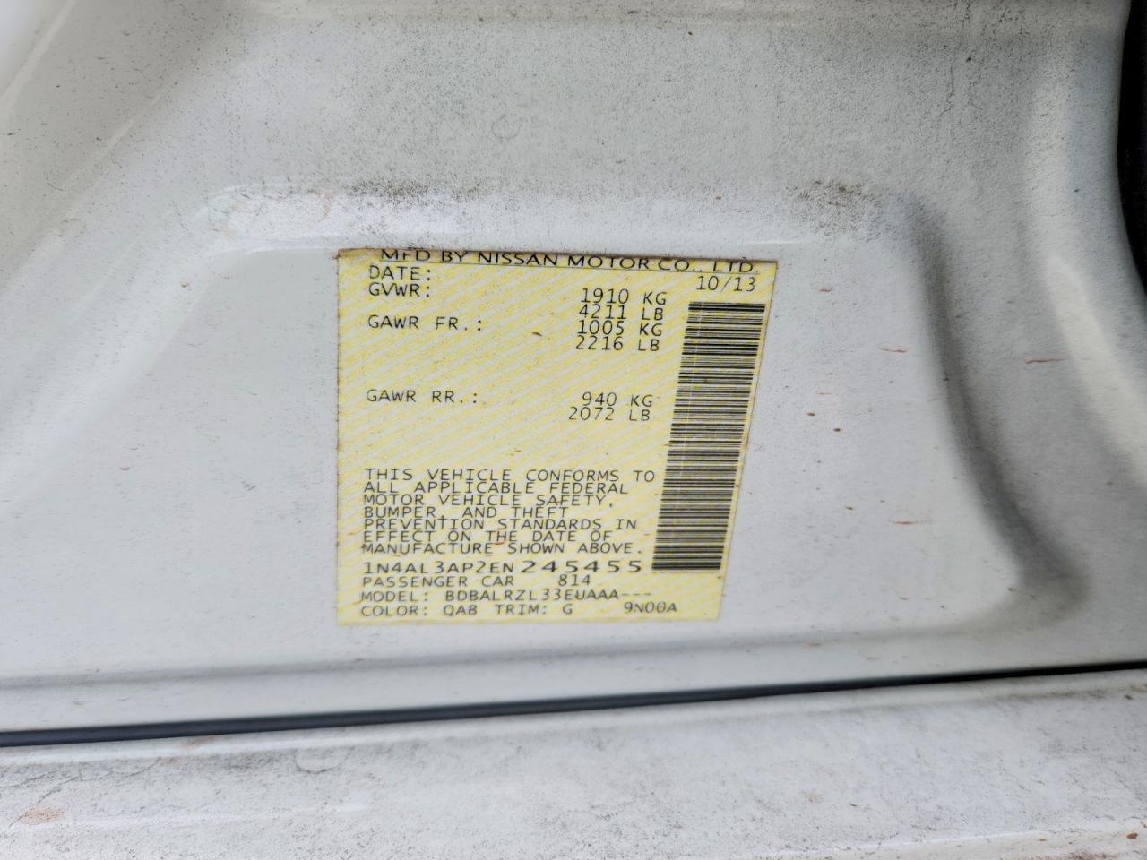2014 Nissan Altima 2.5 S White vin: 1N4AL3AP2EN245455