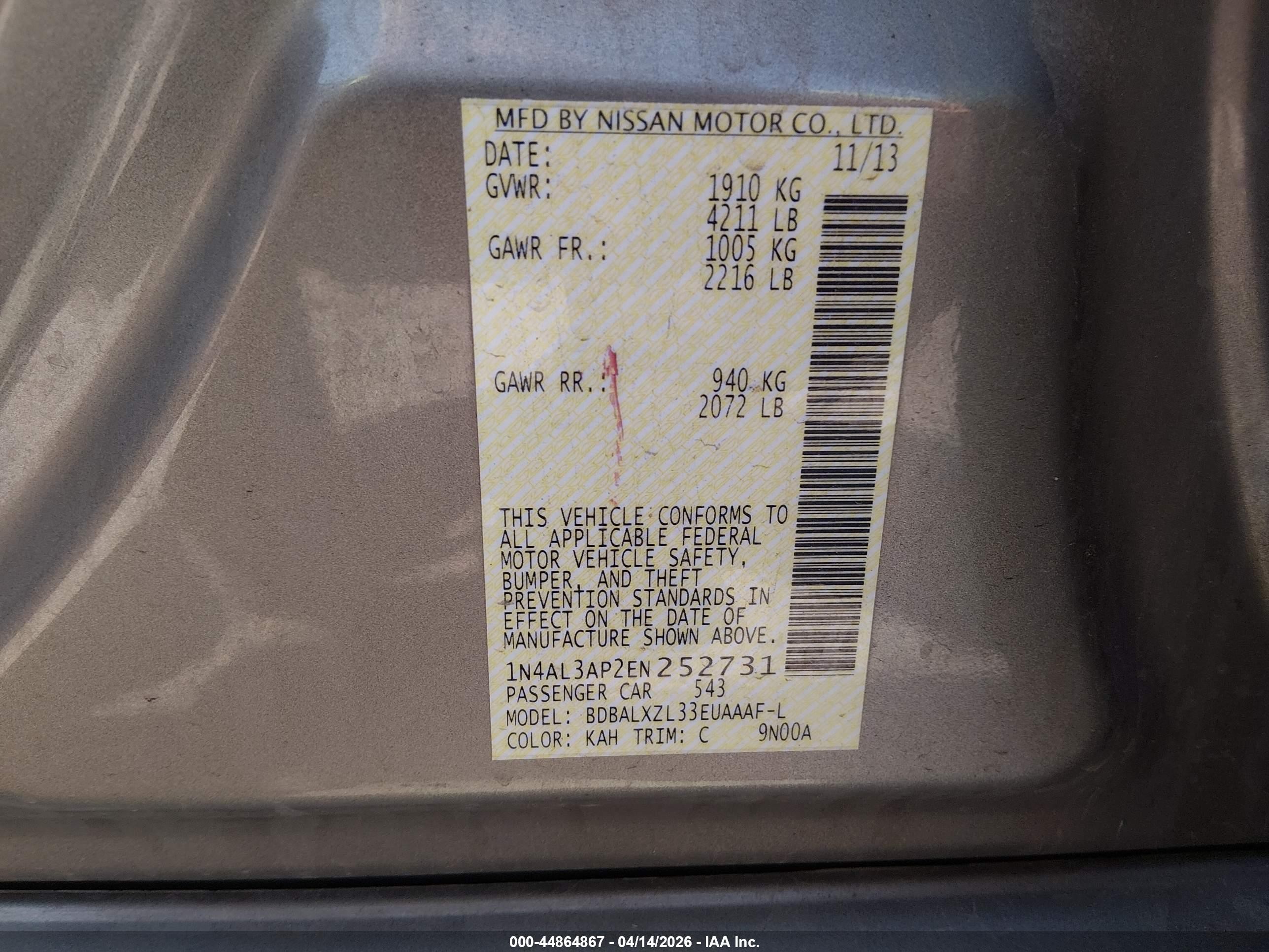 2014 Nissan Altima 2.5 Sl Gold vin: 1N4AL3AP2EN252731