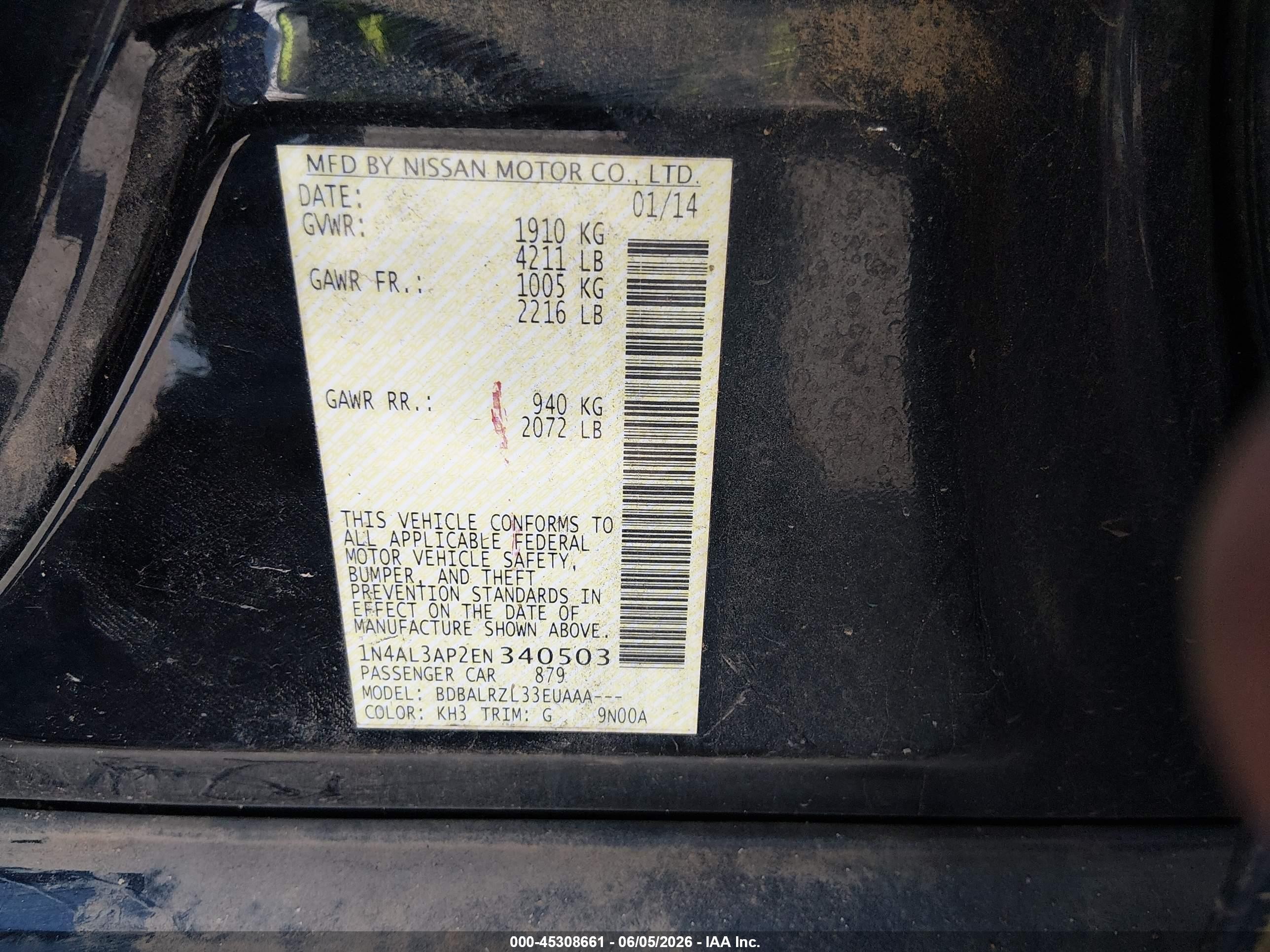 2014 Nissan Altima 2.5/2.5 S/2.5 Sl/2.5 Sv Black vin: 1N4AL3AP2EN340503