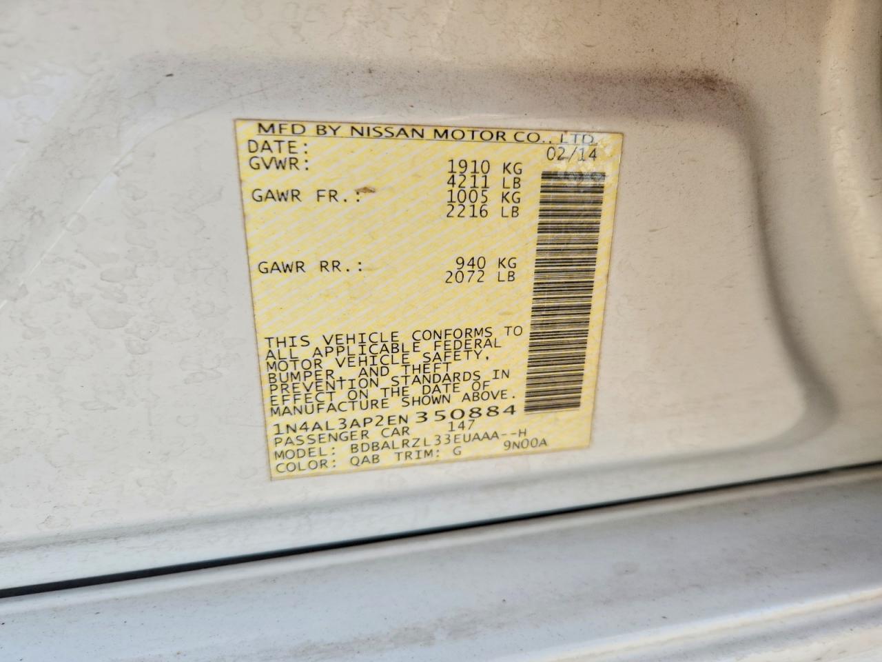 2014 Nissan Altima 2.5 S Белый vin: 1N4AL3AP2EN350884