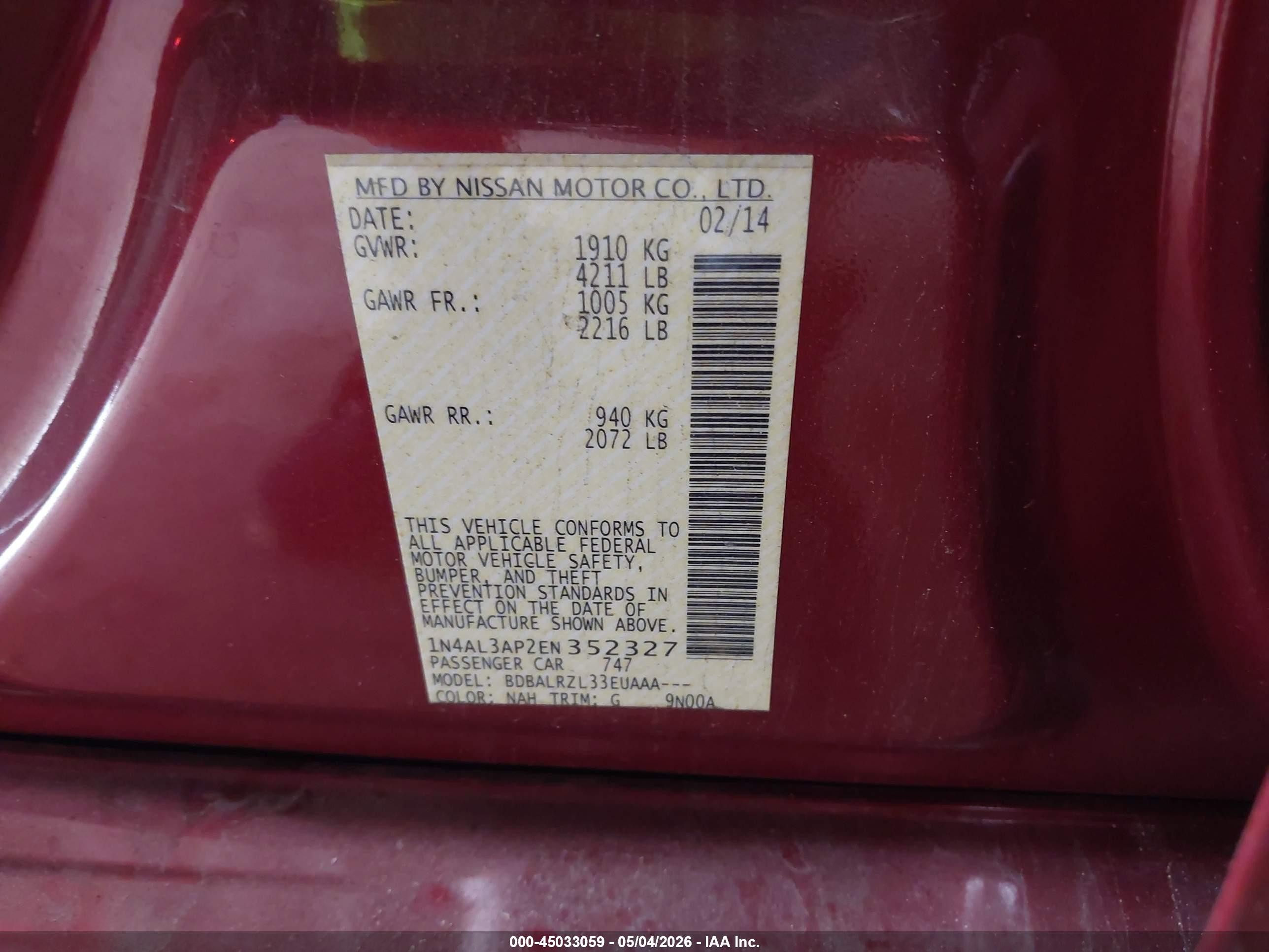 2014 Nissan Altima 2.5/2.5 S/2.5 Sl/2.5 Sv Red vin: 1N4AL3AP2EN352327